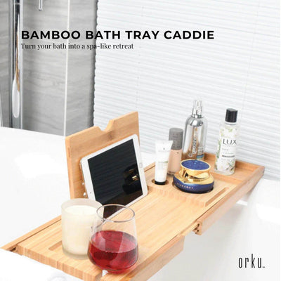 Orku Bamboo Bath Tray Caddy Adjustable - Spa Book Wine + Accessories Holder