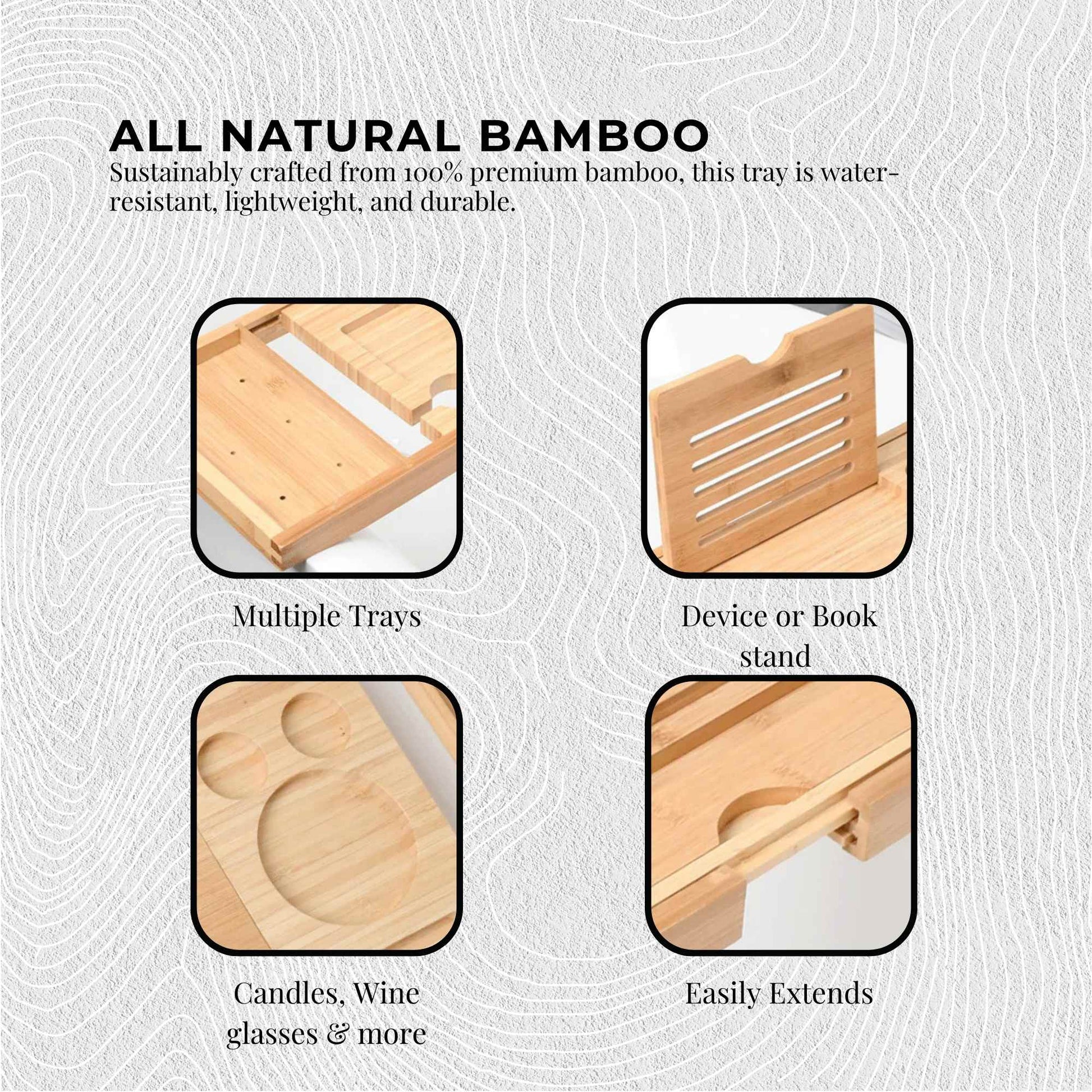 Orku Bamboo Bath Tray Caddy Adjustable - Spa Book Wine + Accessories Holder