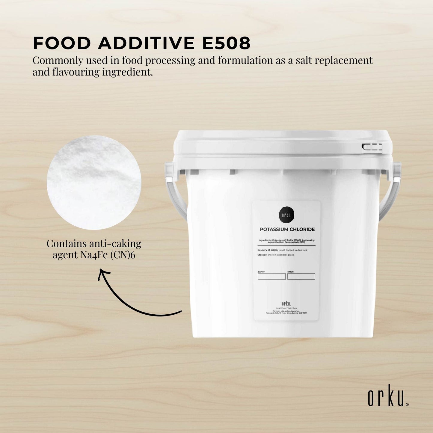 Orku Bulk Potassium Chloride Powder (KCl) Tub - Food Grade E508 Salt Substitute
