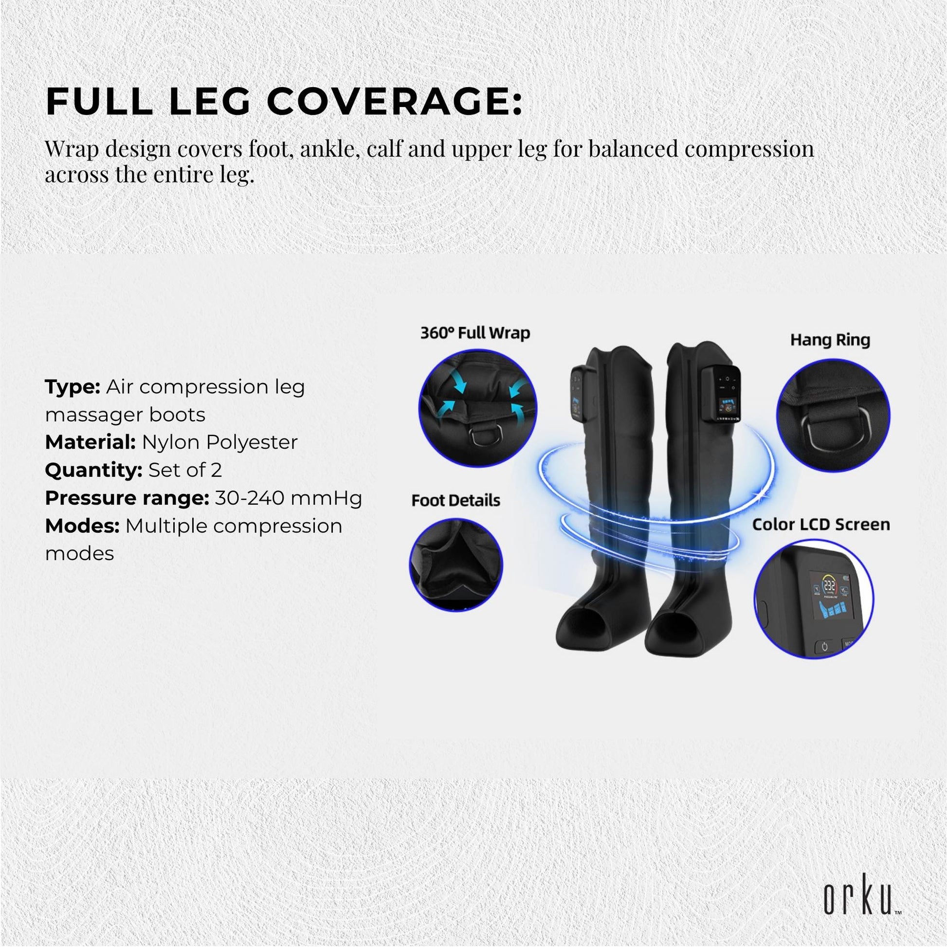 Orku Cordless Full Leg Air Compression Massager Boots - Rechargeable Pair Large