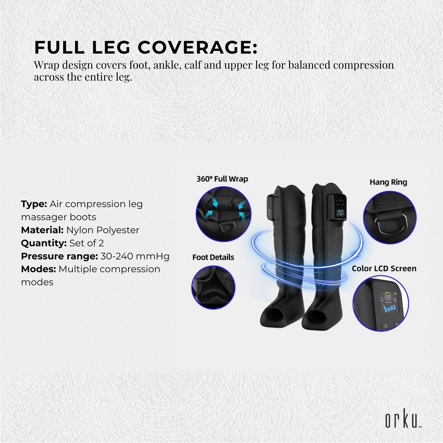 Orku Cordless Full Leg Air Compression Massager Boots - Rechargeable Pair Medium