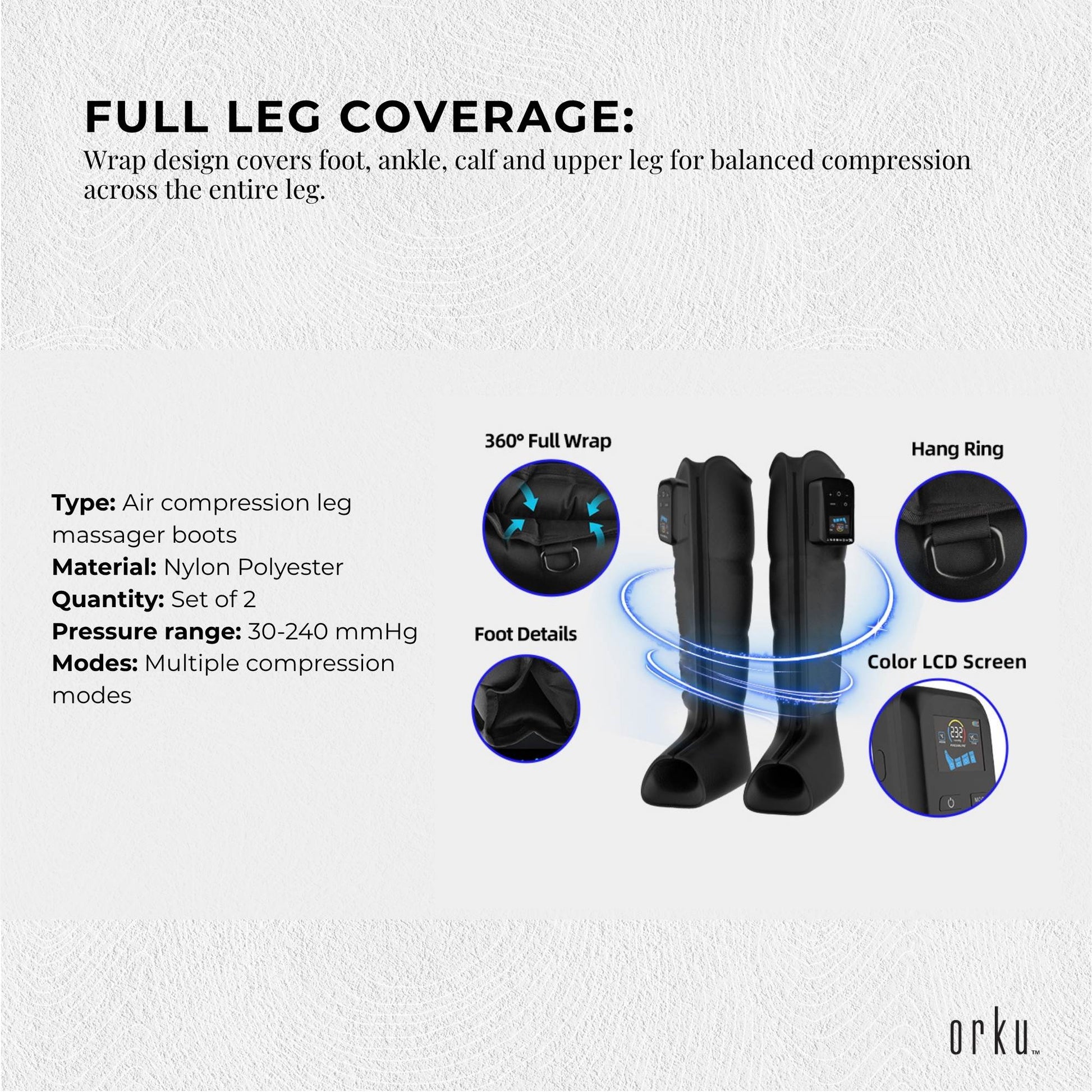 Orku Cordless Full Leg Air Compression Massager Boots - Rechargeable Pair Medium