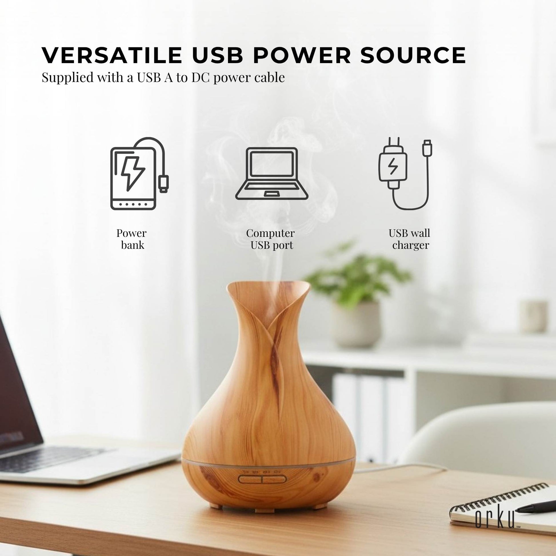 Orku Essential Oil Aroma Diffuser 400ml Tulip Wood Grain With Remote