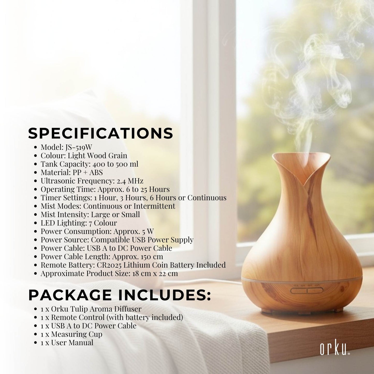 Orku Essential Oil Aroma Diffuser 400ml Tulip Wood Grain With Remote