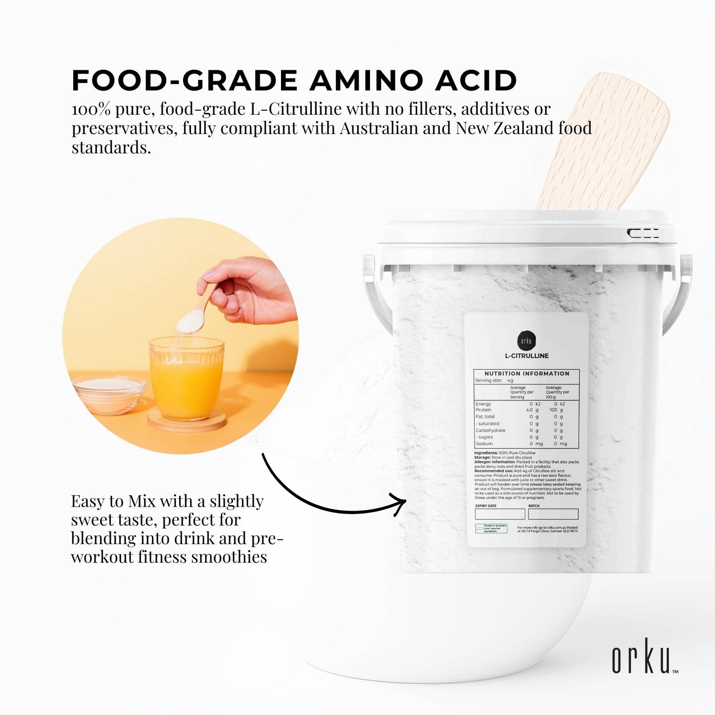Orku L-Citrulline Powder Tub - Pure Unflavoured Food Grade Amino Acid