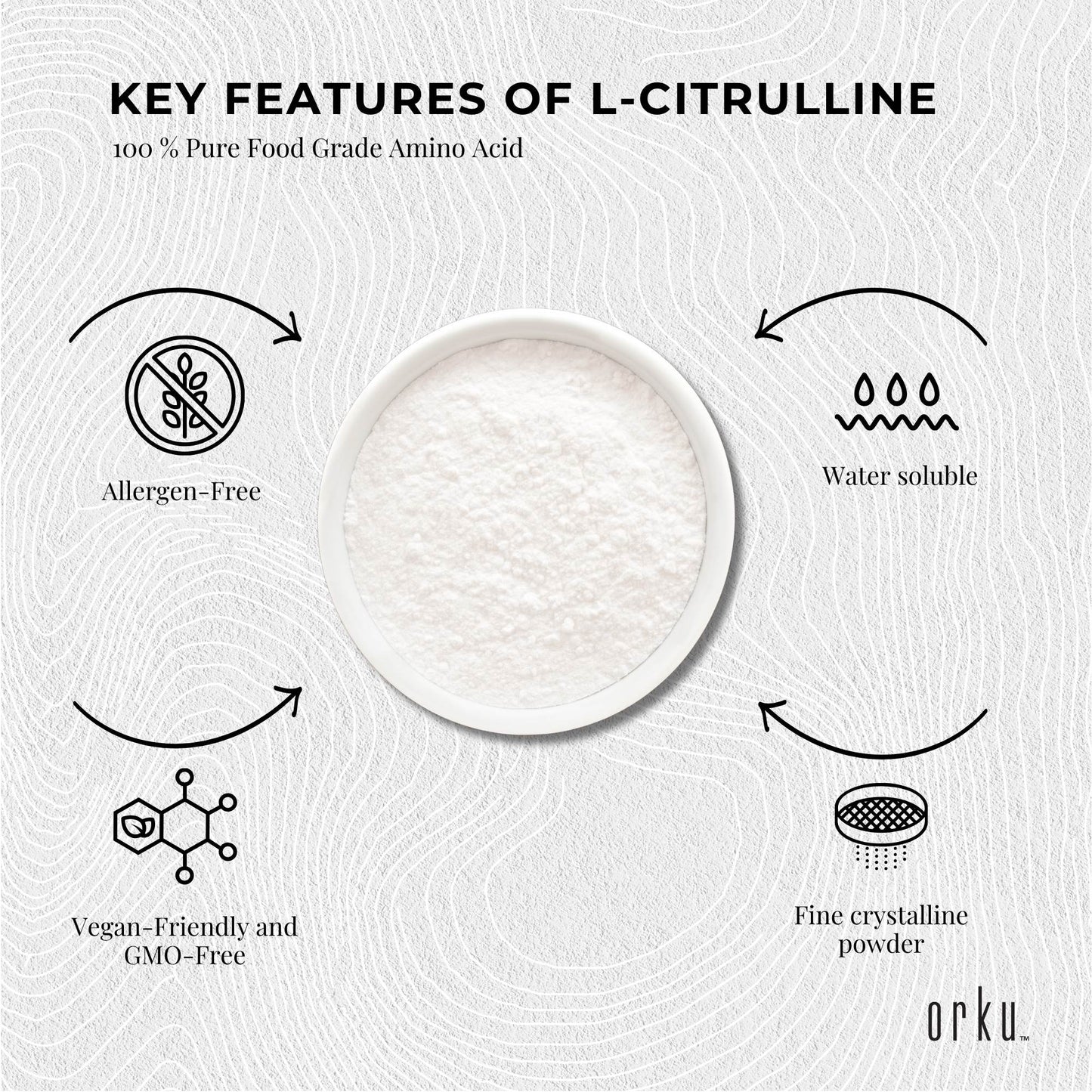 Orku L-Citrulline Powder Tub - Pure Unflavoured Food Grade Amino Acid