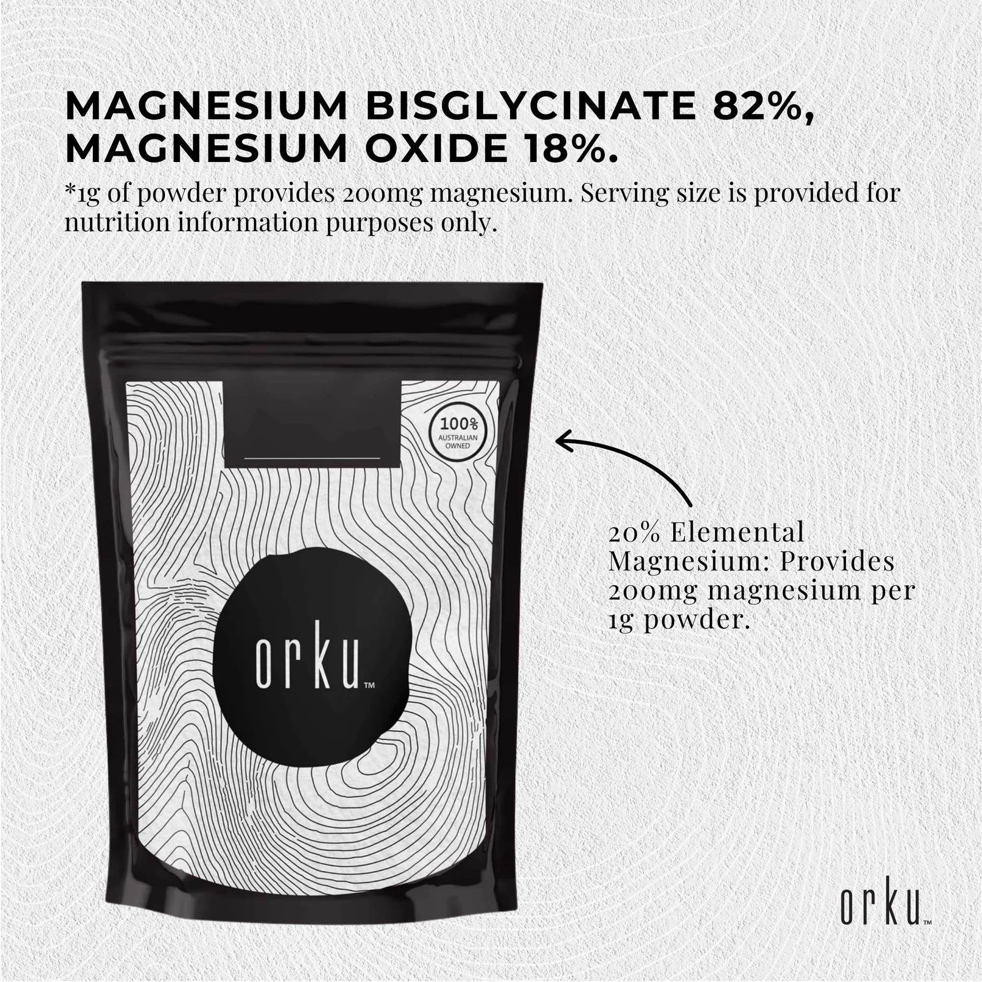 Orku 1Kg Magnesium Bisglycinate Powder Unflavoured Chelated Biglycinate