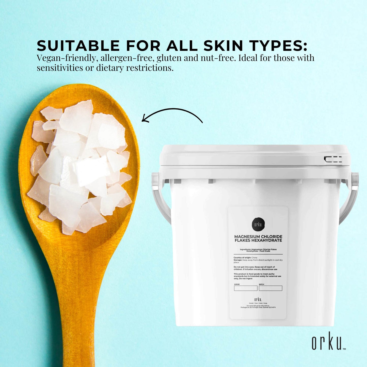 Orku Magnesium Chloride Flakes Hexahydrate Tubs - FCC USP Spec Bath Salts