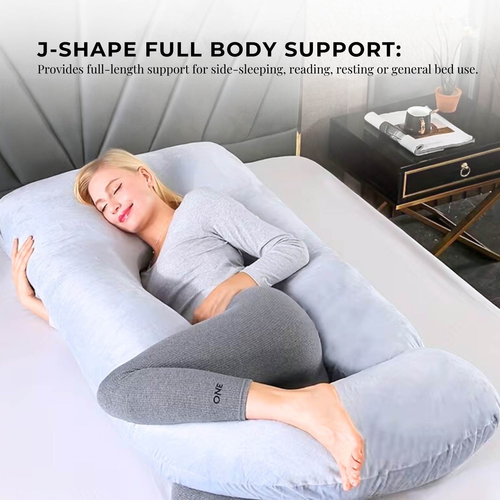Orku Maternity Pregnancy Pillow - J-Shape Full Body Length for Side Sleeper Grey