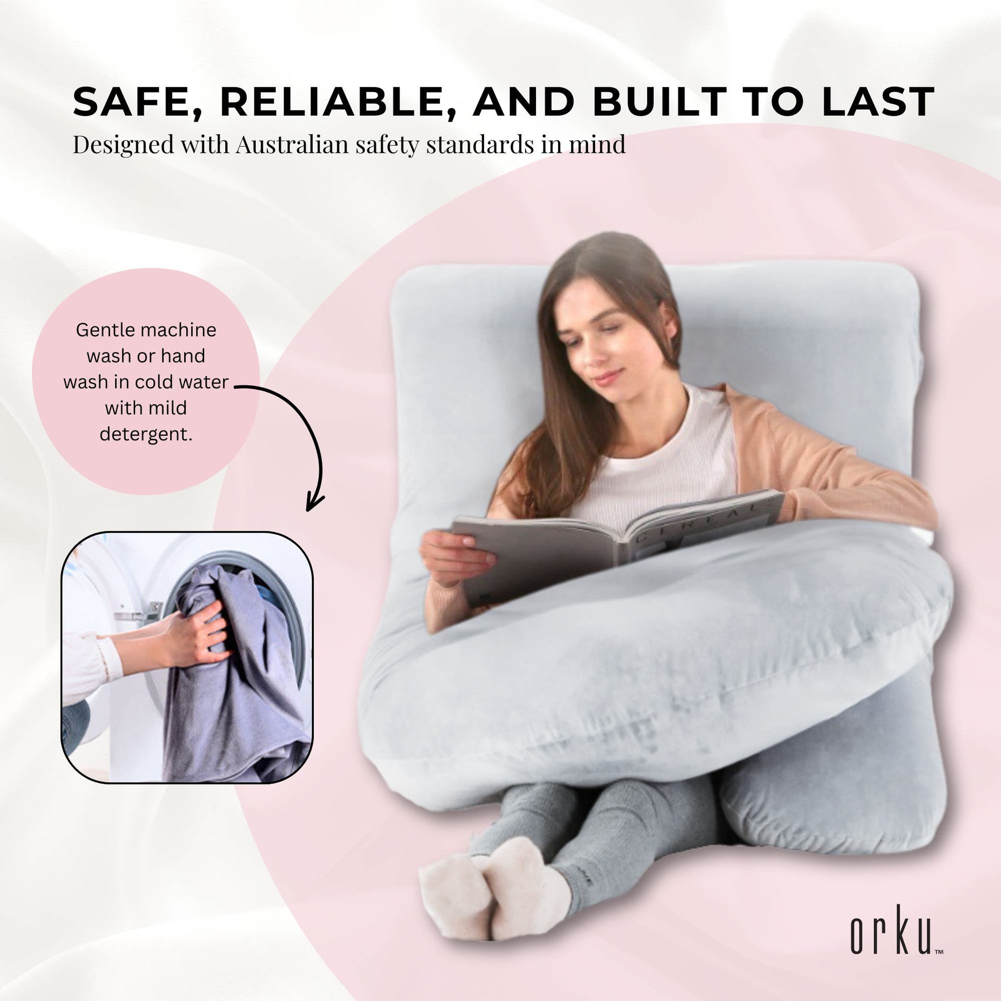 Orku Maternity Pregnancy Pillow - J-Shape Full Body Length for Side Sleeper Grey