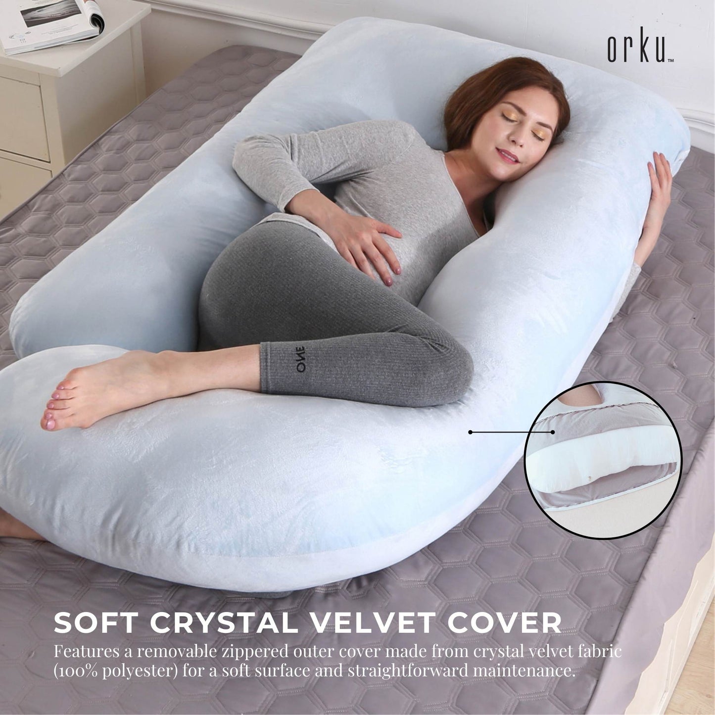 Orku Maternity Pregnancy Pillow - J-Shape Full Body Length for Side Sleeper Grey