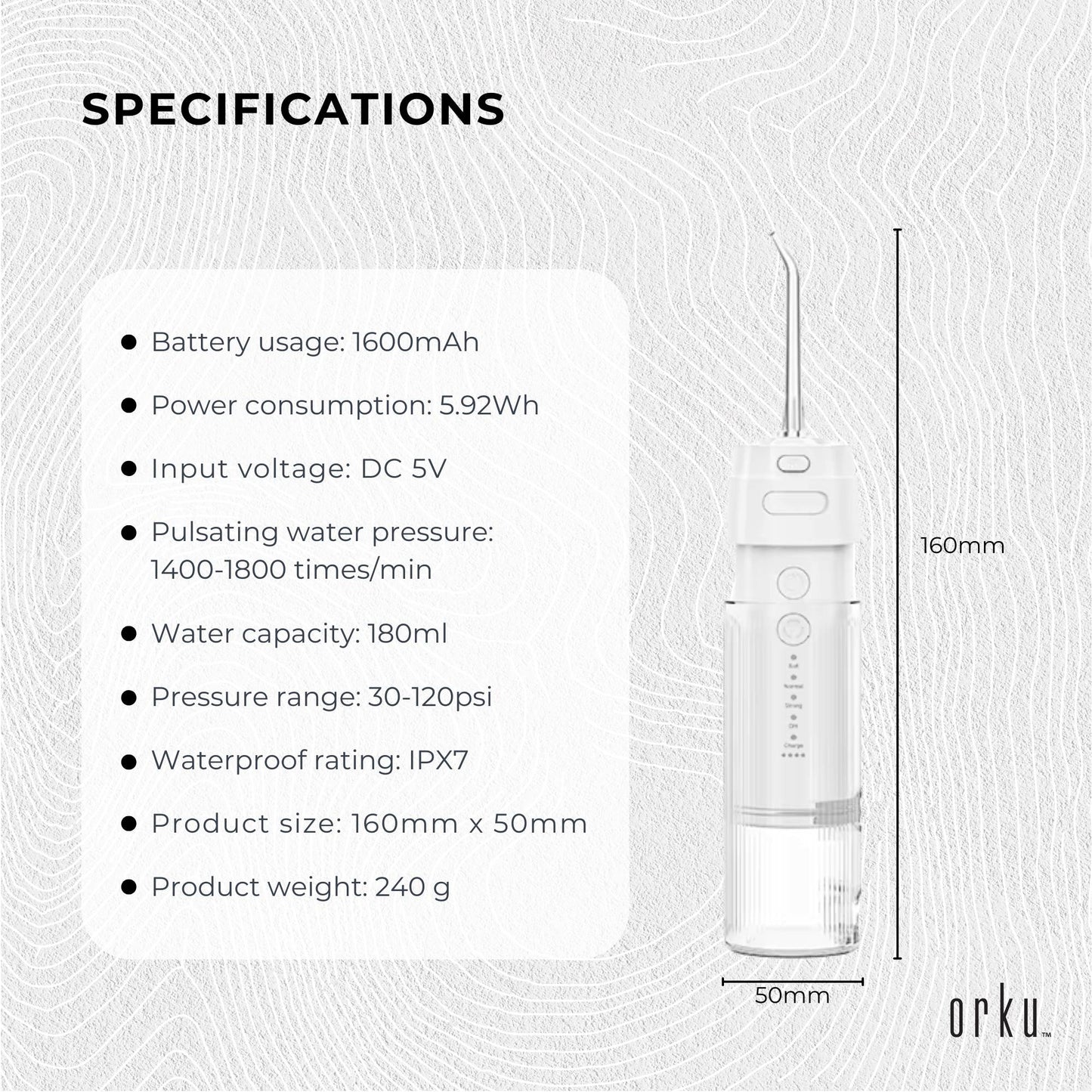Orku Mini Water Flosser Rechargeable Portable Travel Oral Irrigator White