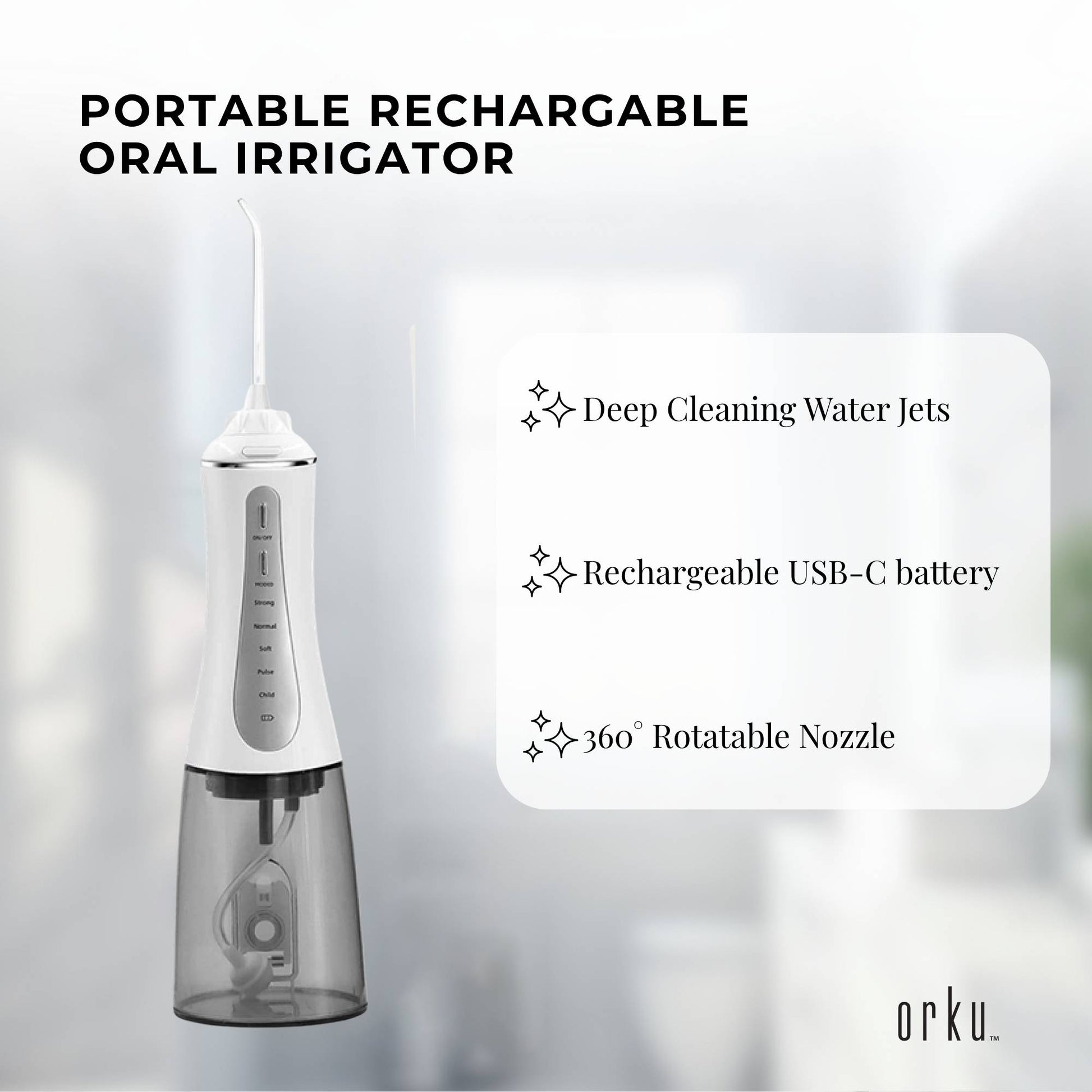 Orku Portable Oral Irrigator Flosser 350ml - Rechargeable Water Dental Teeth Cleaner