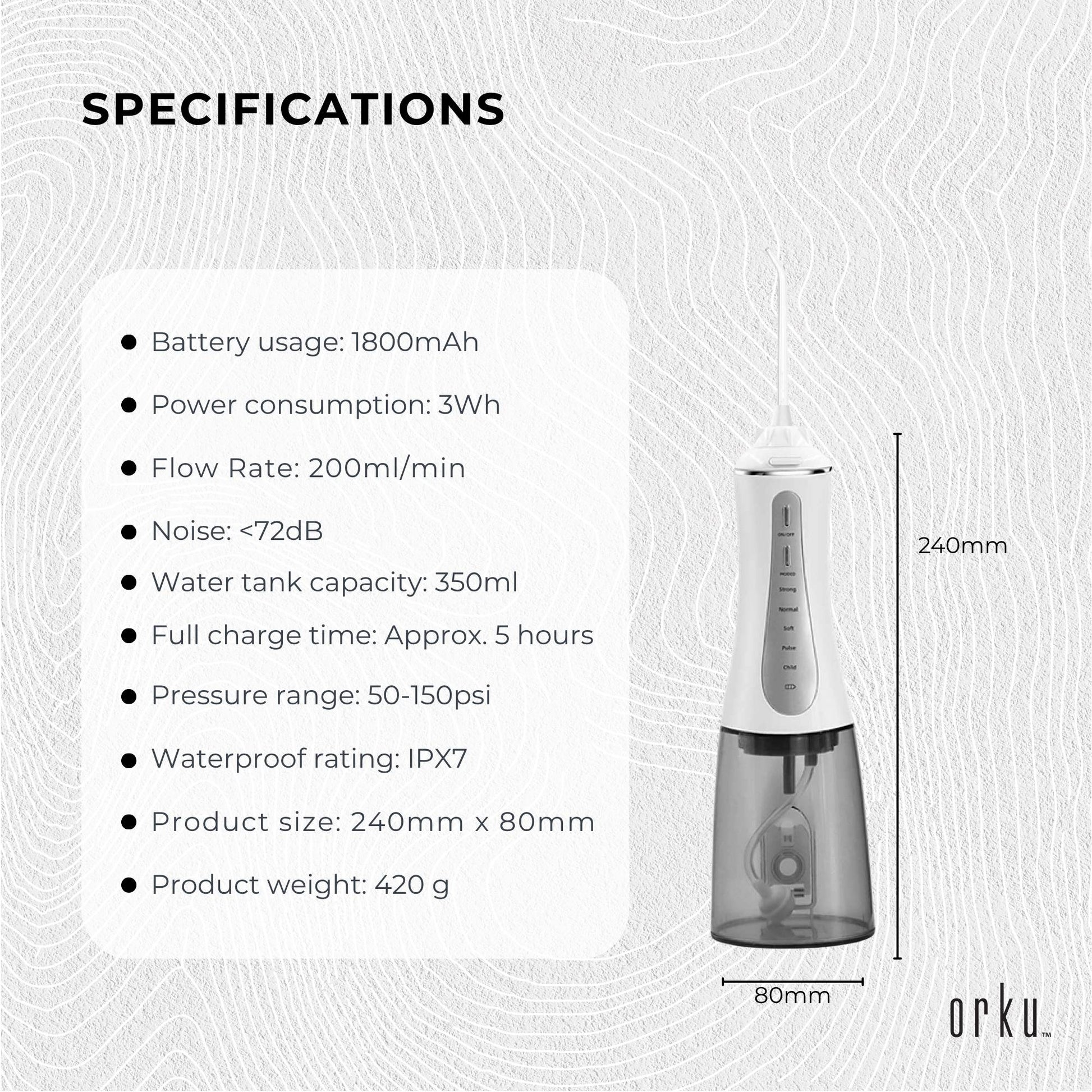 Orku Portable Oral Irrigator Flosser 350ml - Rechargeable Water Dental Teeth Cleaner