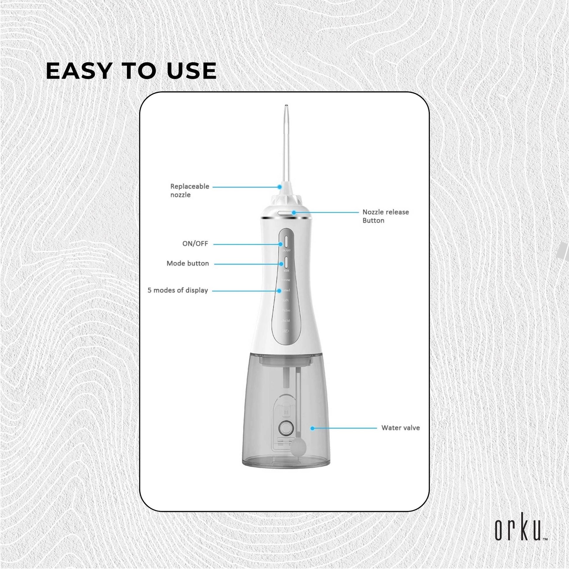 Orku Portable Oral Irrigator Flosser 350ml - Rechargeable Water Dental Teeth Cleaner