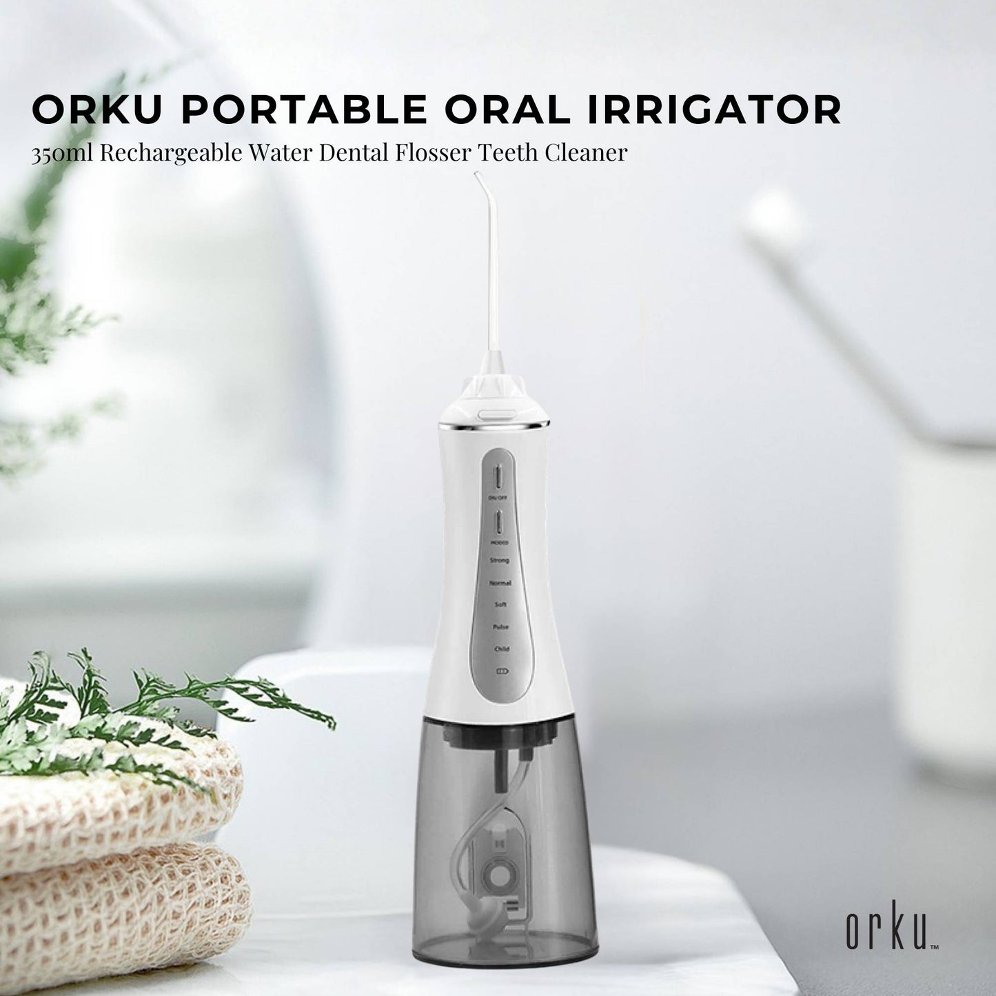 Orku Portable Oral Irrigator Flosser 350ml - Rechargeable Water Dental Teeth Cleaner