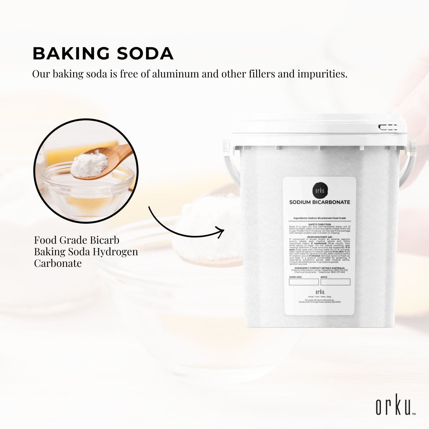 Orku Sodium Bicarbonate Food Grade Tubs - Baking Soda Aluminium Free Powder Bulk
