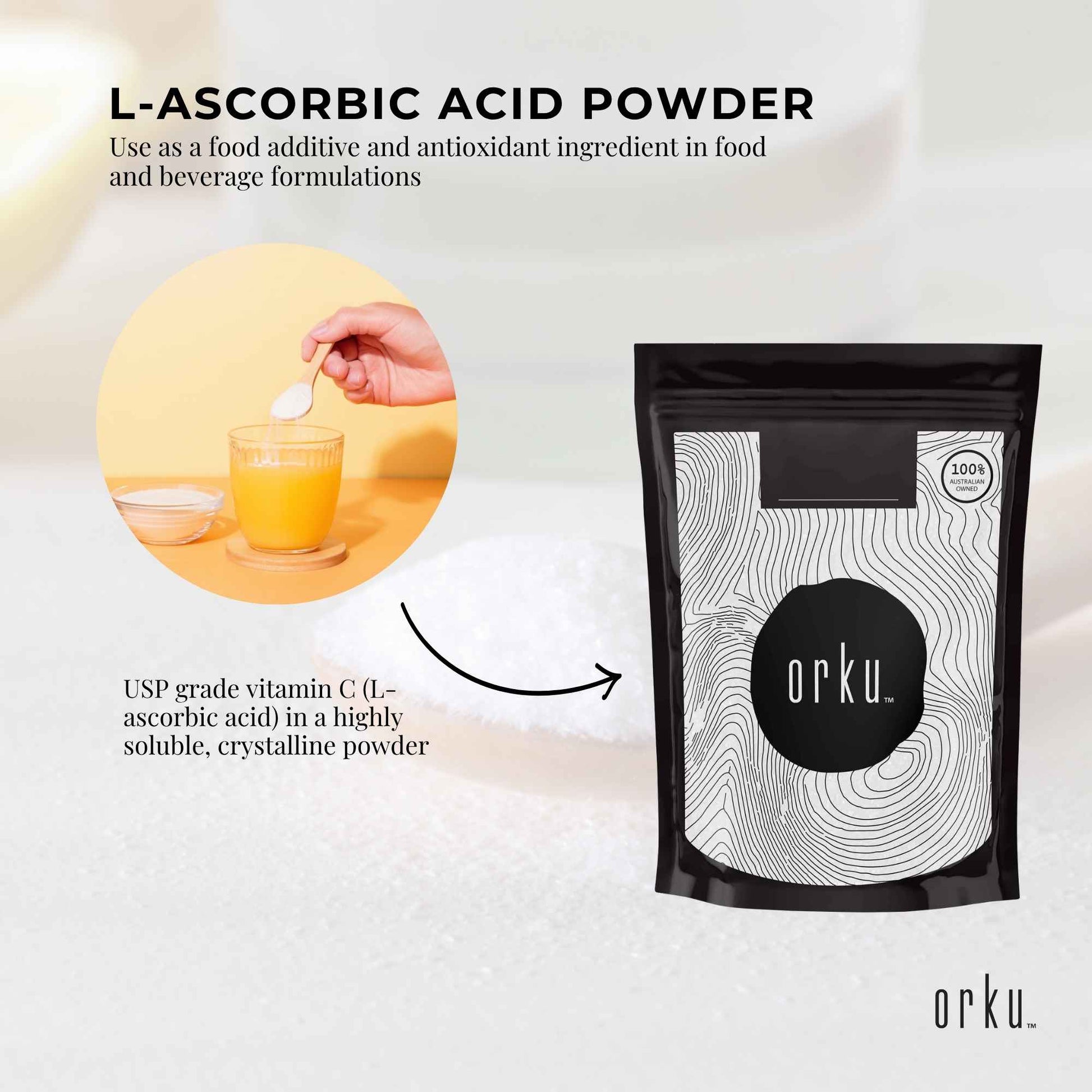 Orku 100g Vitamin C Powder Pure L-Ascorbic Acid - USP Grade Non-GMO
