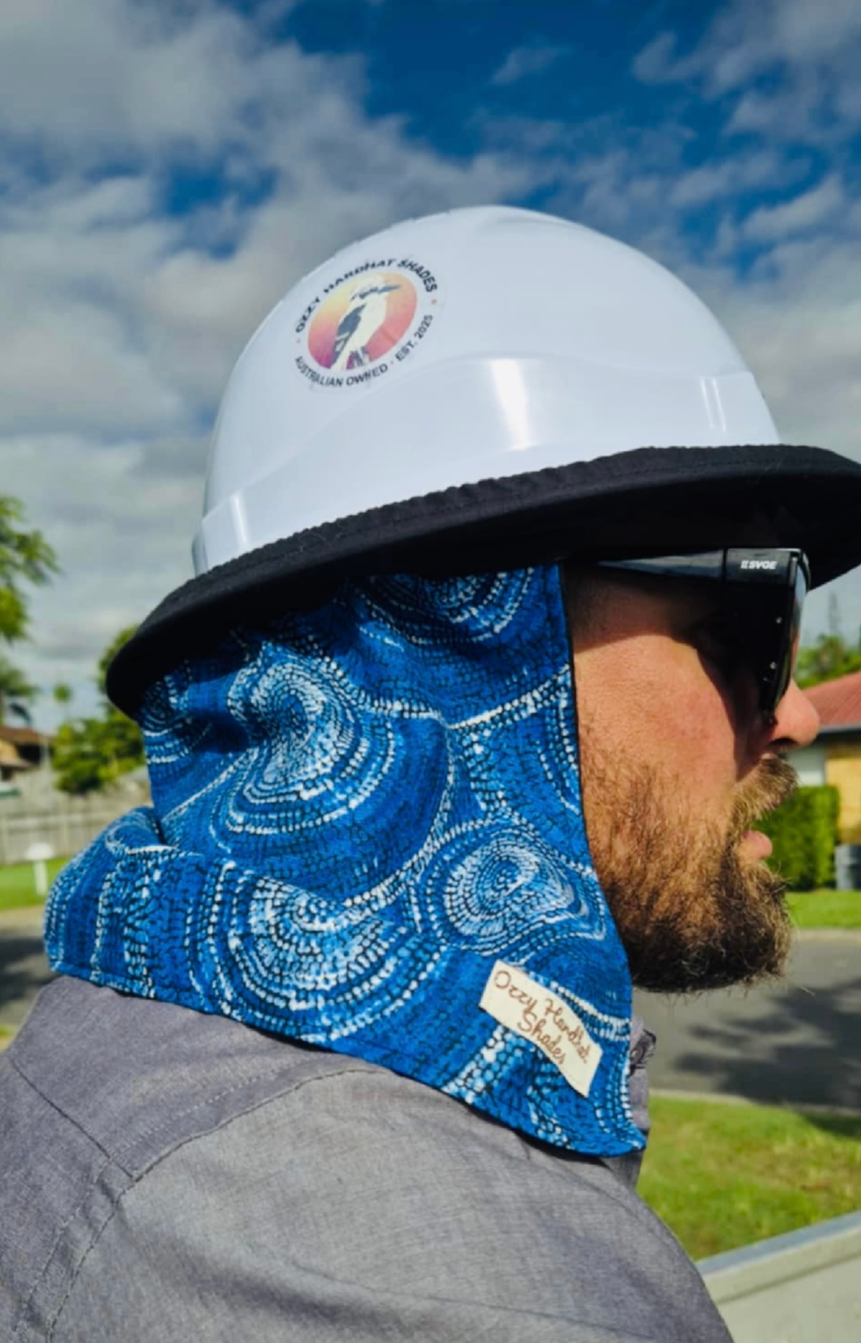 Ozzy Hardhat Shade - UPF50+ Neck Sun Protection - Indigenous Blue White
