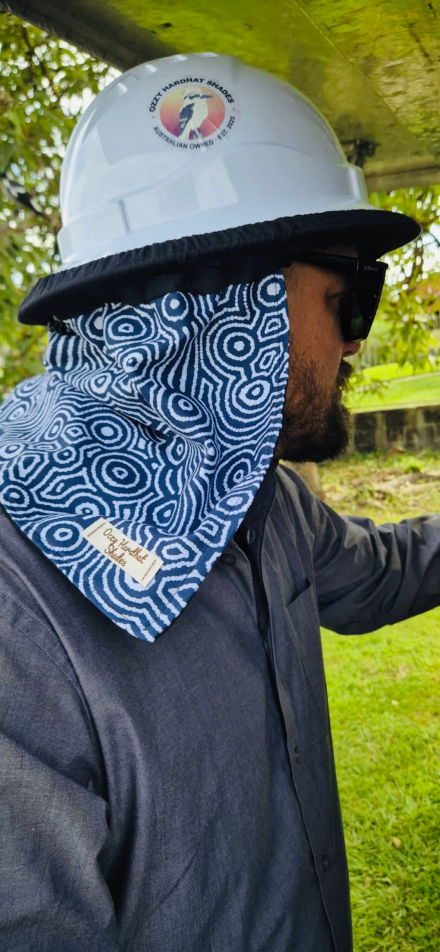 Ozzy Hardhat Shade - UPF50+ Neck Sun Protection - Indigenous Navy White