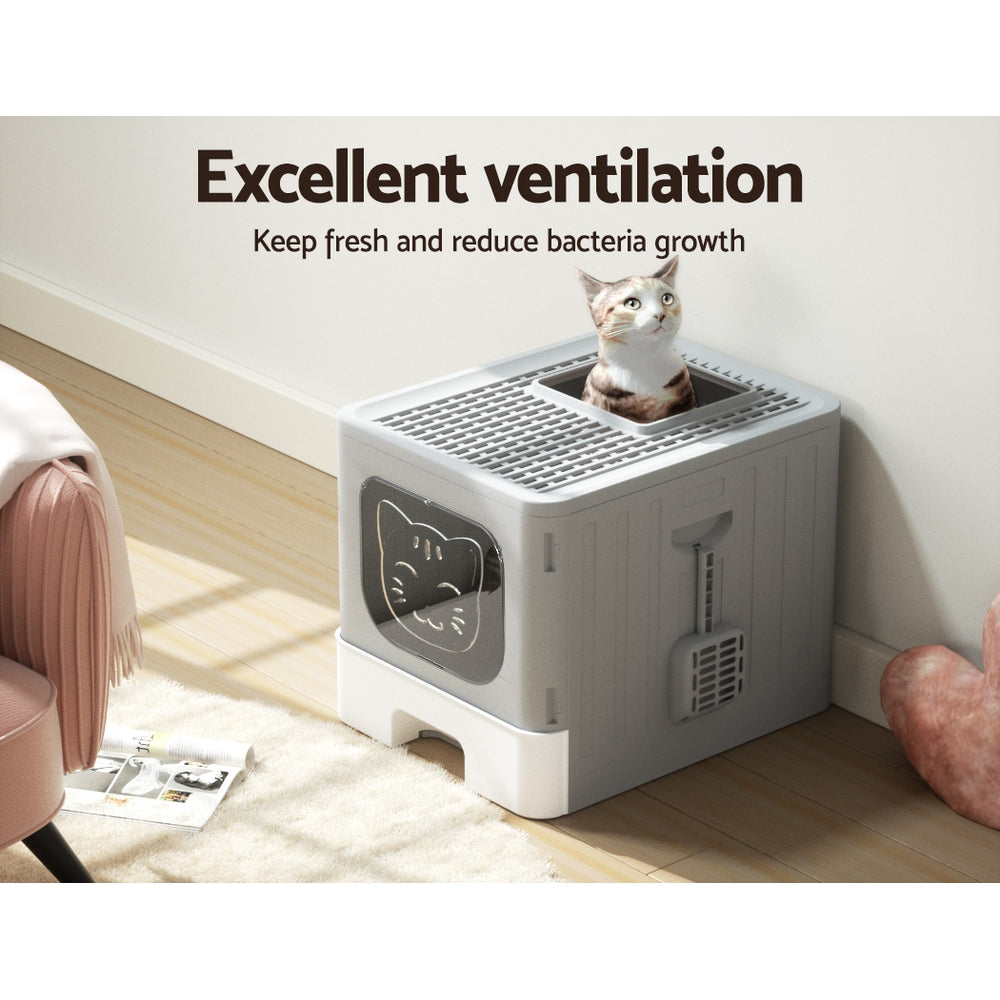 i.Pet Cat Litter Box Large Tray Kitty Toilet Enclosed Hooded Foldable Cat Litter Box Scoop Grey