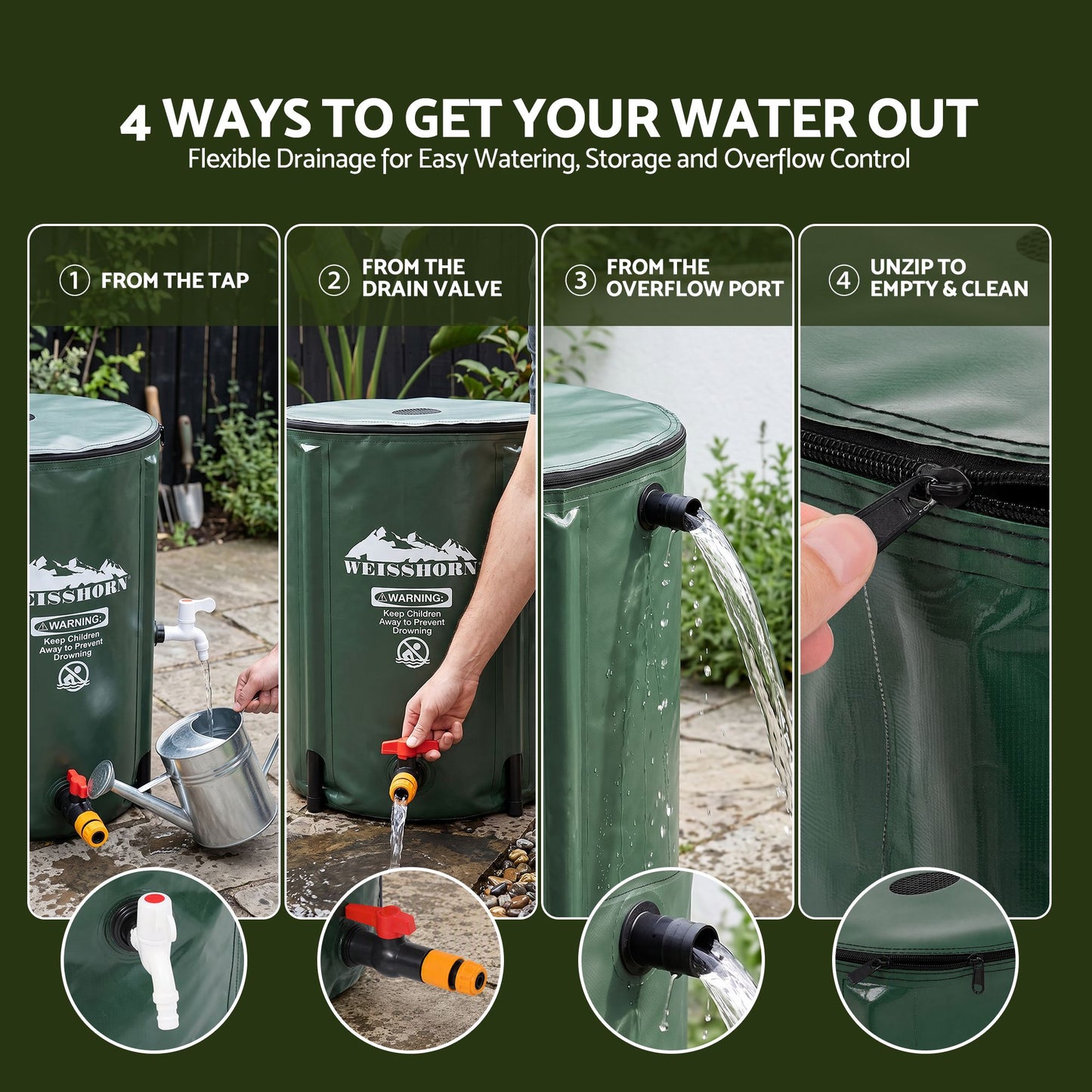 Weisshorn 50L/11gal Collapsible Rain Barrel PVC Water Tank Collection Storage for Garden Irrigation