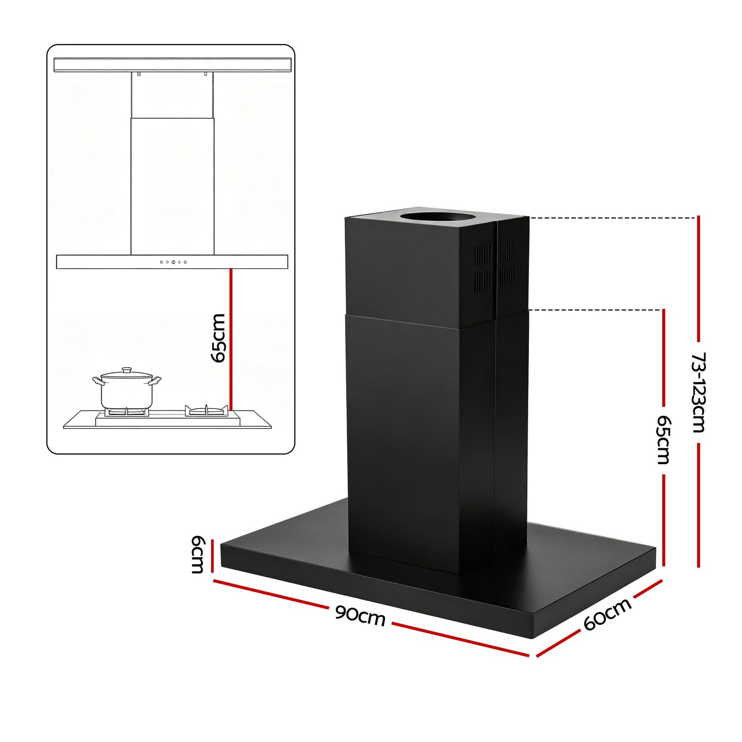 Devanti 90cm Island Rangehood Ceiling-Mounted 3-Speed Touch Control LED Black