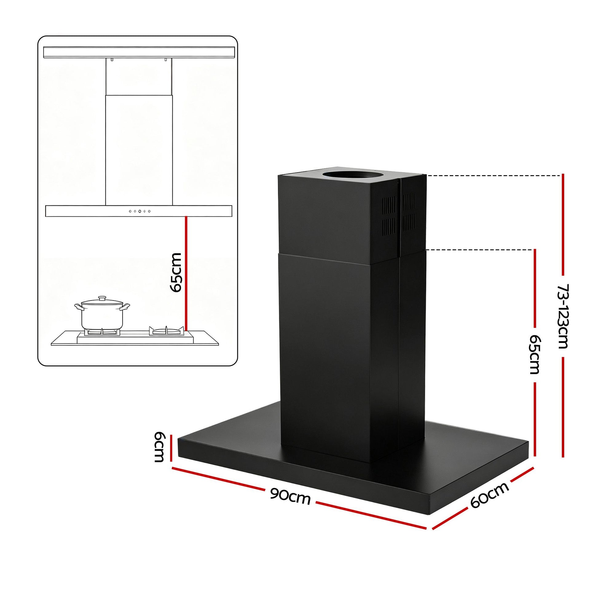 Devanti 90cm Island Rangehood Ceiling-Mounted 3-Speed Touch Control LED Black