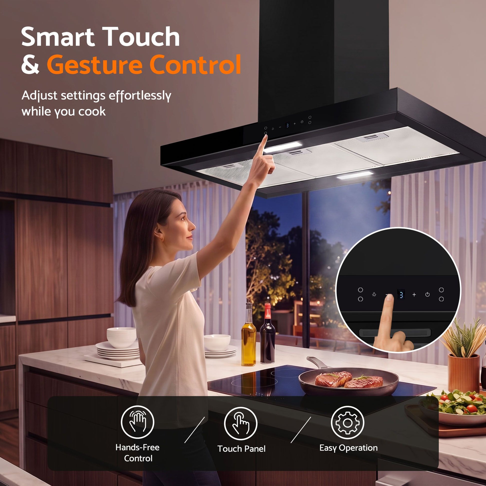 Devanti 90cm Island Rangehood Ceiling-Mounted 3-Speed Touch Control LED Black