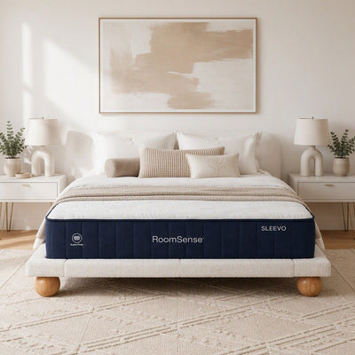 RoomSense Queen 26cm Firm Mattress Bundle with Beige Boucle Bed Frame