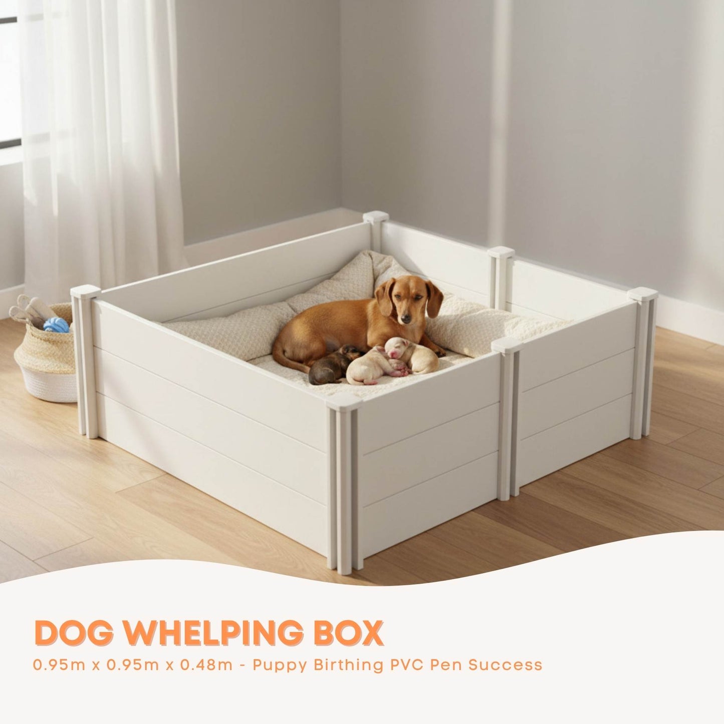 Rooster Farms 0.95m PVC Dog Whelping Box Puppy Birthing Pen - Anti-Crush Rail