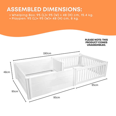 Rooster Farms 1.9m x 0.95m PVC Dog Whelping Box + Playpen Kit - Anti-Crush