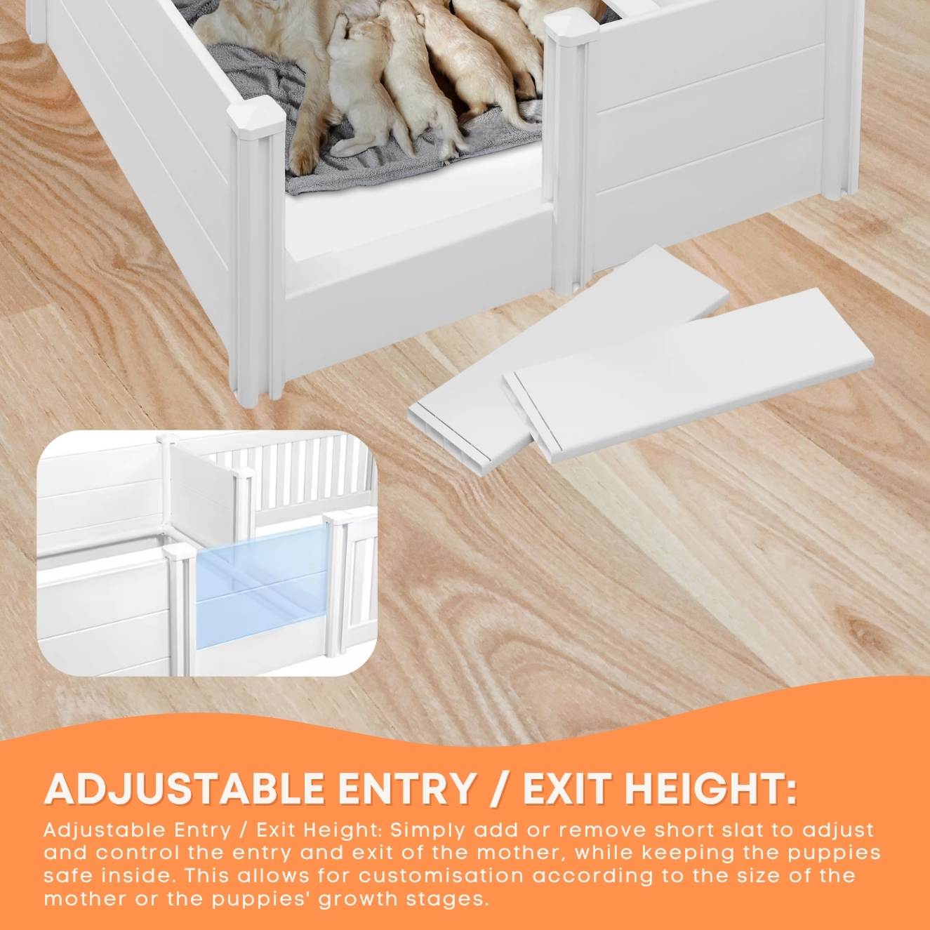 Rooster Farms 1.9m x 0.95m PVC Dog Whelping Box + Playpen Kit - Anti-Crush Rail