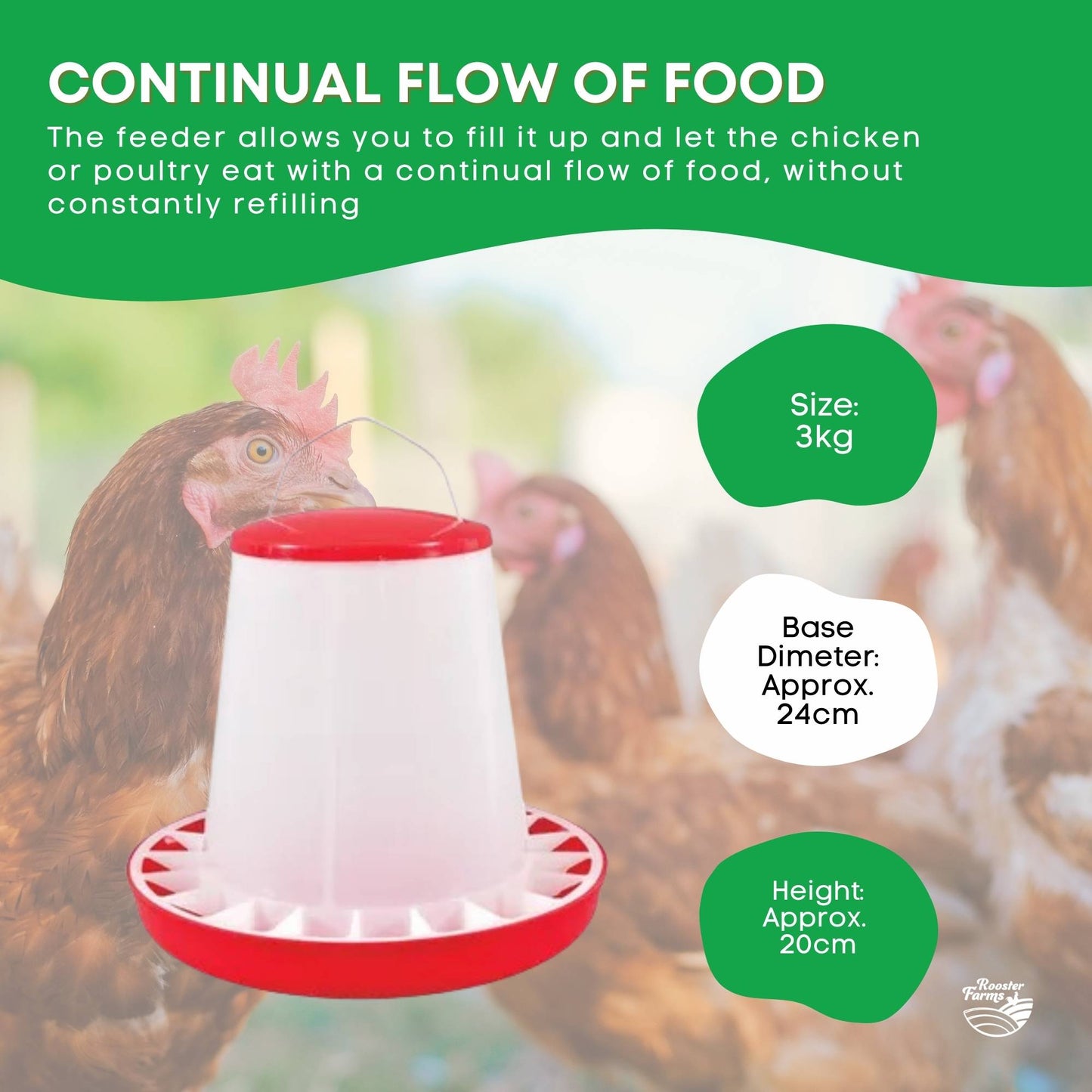 Rooster Farms 3Kg Automatic Chicken Feeder - Poultry Hen Feeding Seed Bucket