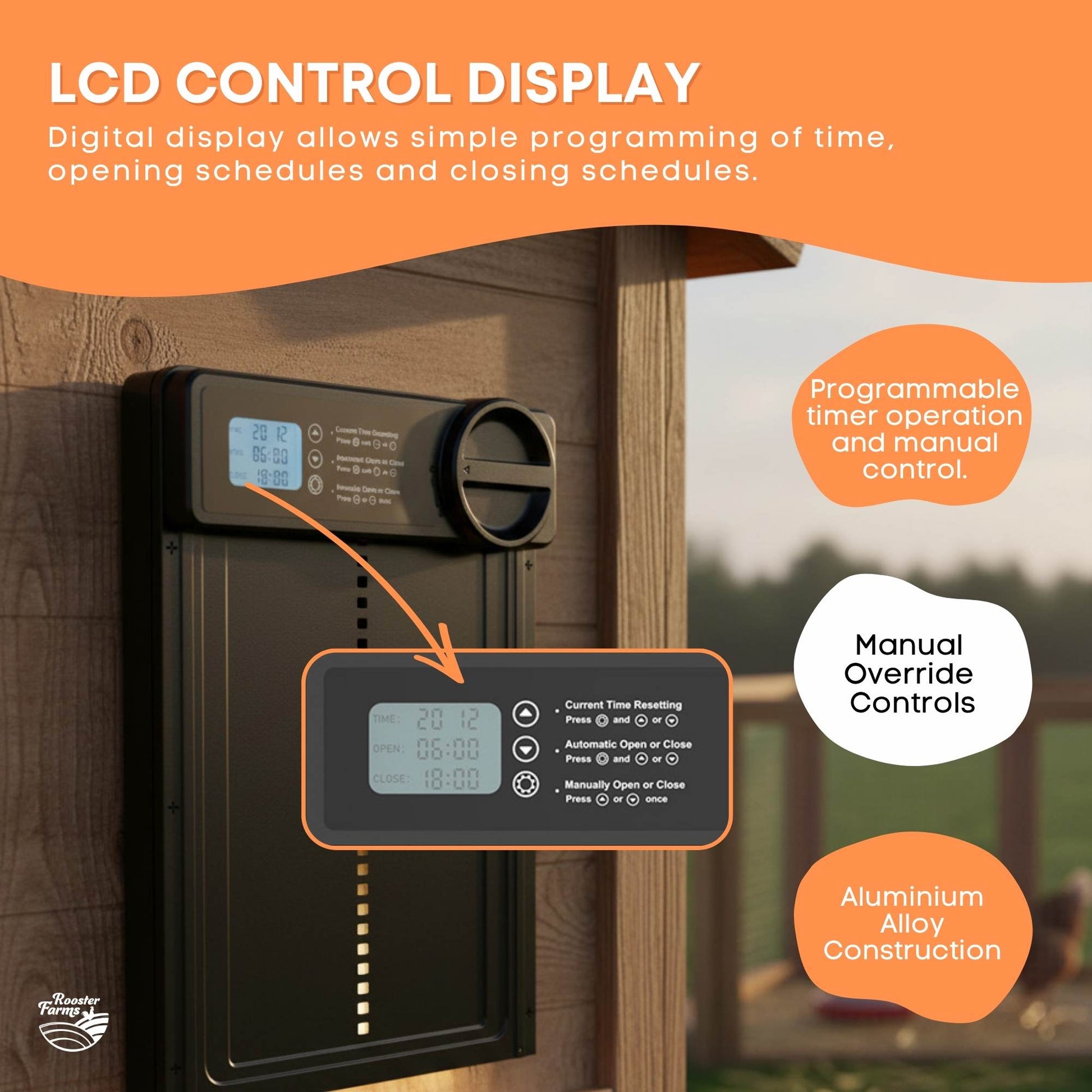 Rooster Farms Automatic Chicken Coop Door - Battery Timer Anti Pinch Safety
