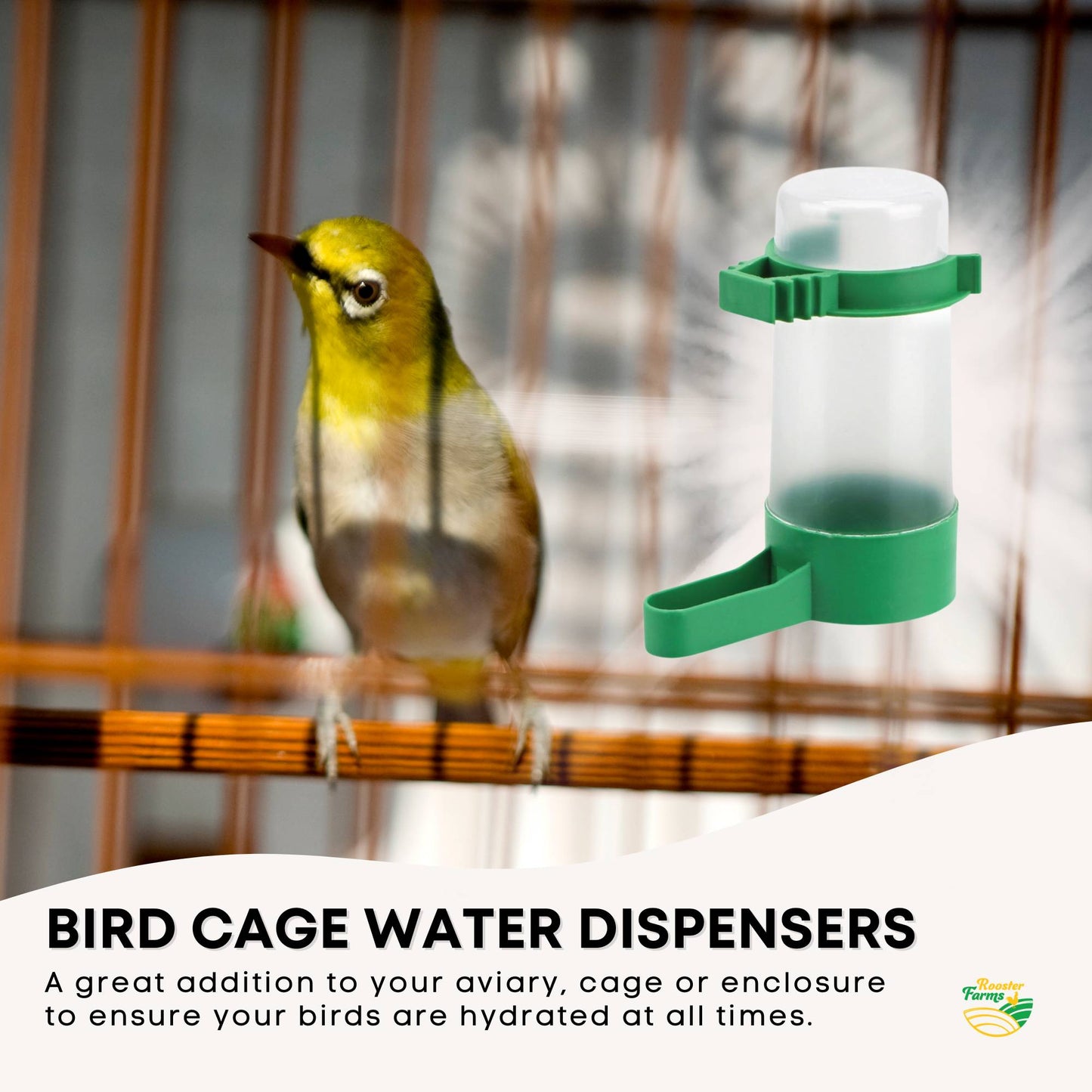 Rooster Farms Bird Cage Water Dispenser Drinker for Pet Parrot Budgie Aviary