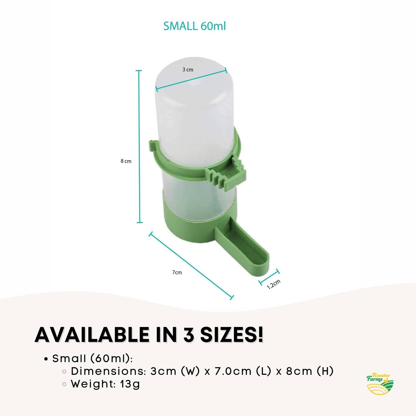 Rooster Farms Bird Cage Water Dispenser Drinker for Pet Parrot Budgie Aviary