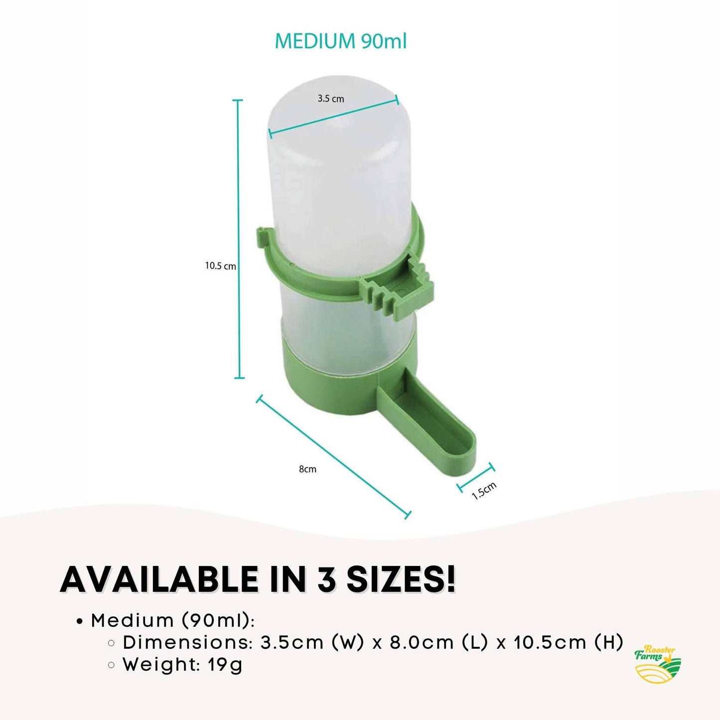 Rooster Farms Bird Cage Water Dispenser Drinker for Pet Parrot Budgie Aviary