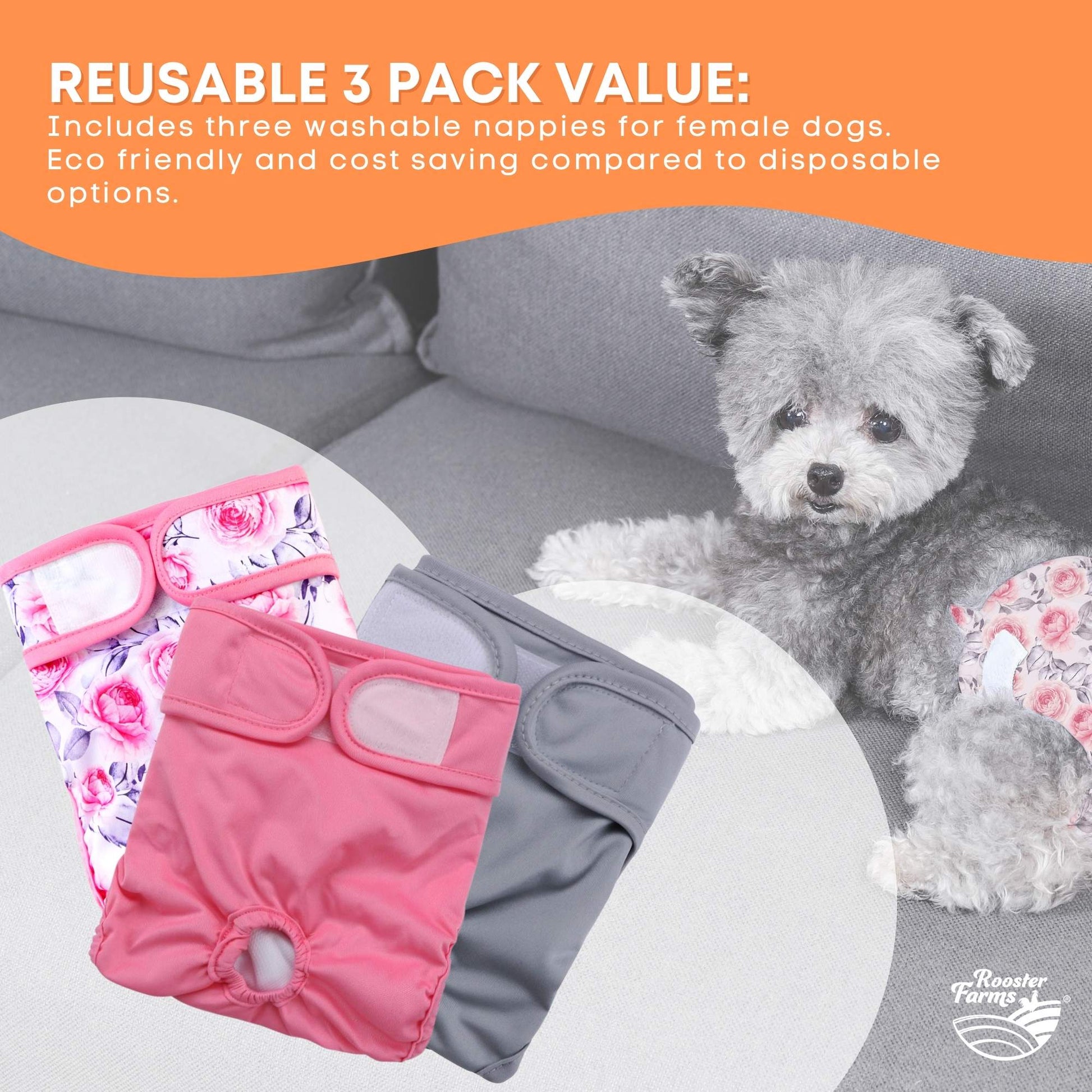 Rooster Farms Female Dog Diapers 3Pk Washable Reusable Nappies Hook + Loop Fit