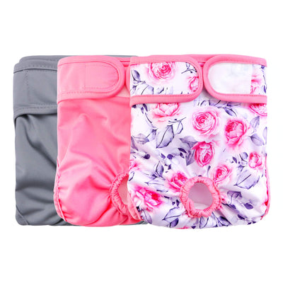 Rooster Farms Female Dog Diapers 3Pk Washable Reusable Nappies Hook + Loop Fit