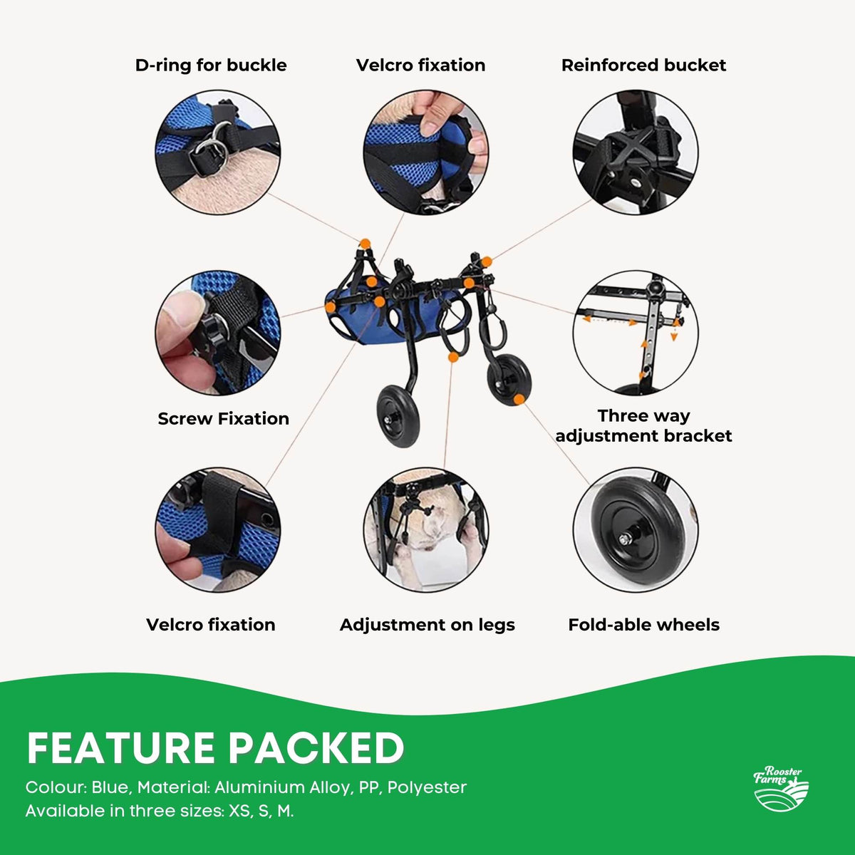 Rooster Farms Little Dog Wheelchair Medium Harness Adjustable Back Leg Aid
