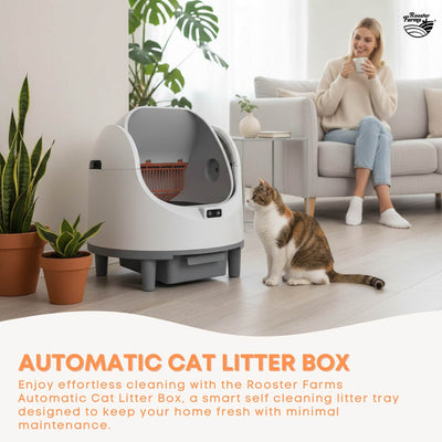 Rooster Farms Smart Cat Litter Box Automatic WiFi Self Cleaning Tray 68L