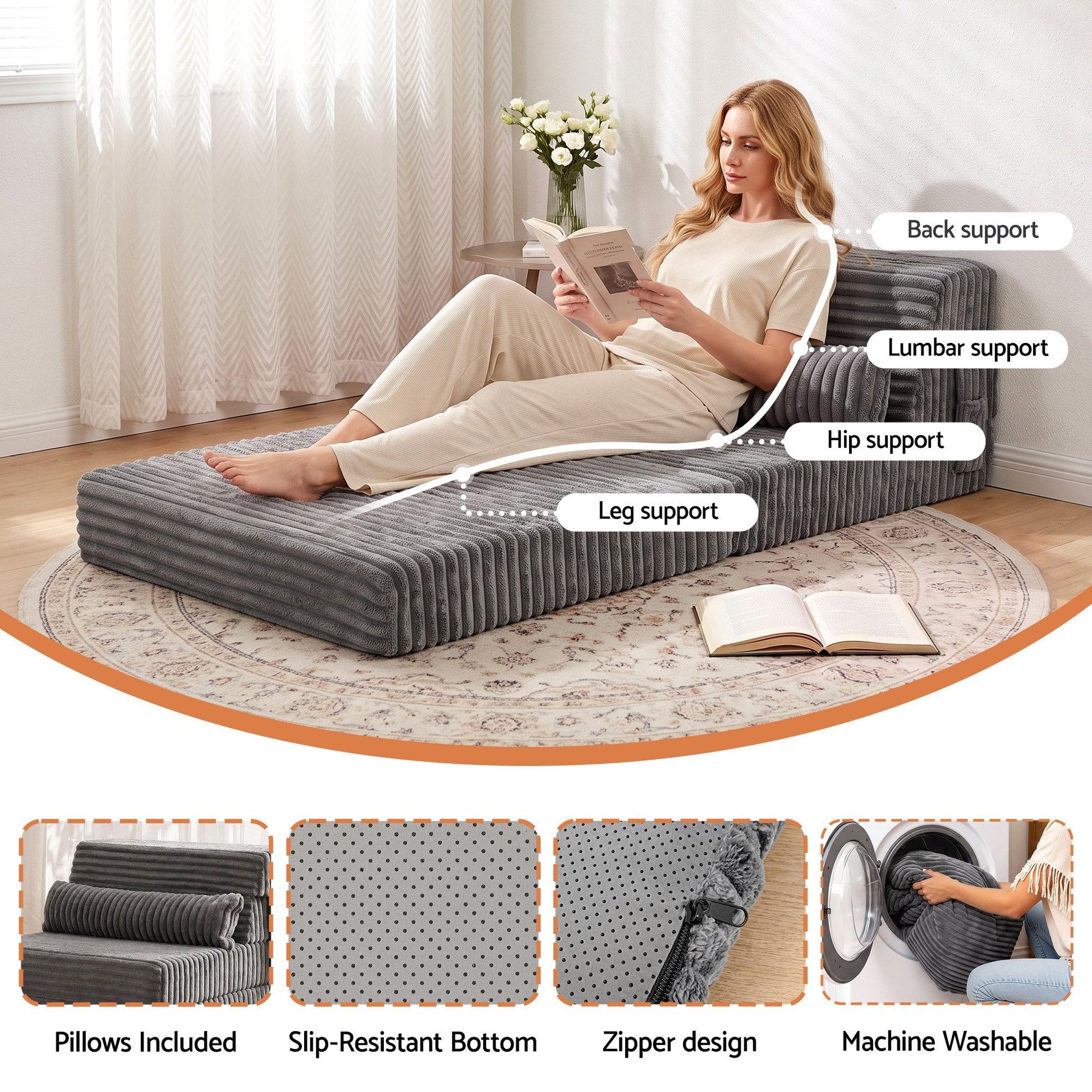 Artiss 3-in-1 Folding Sofa Bed Armless Lounger Chair with Side Pocket and Pillow