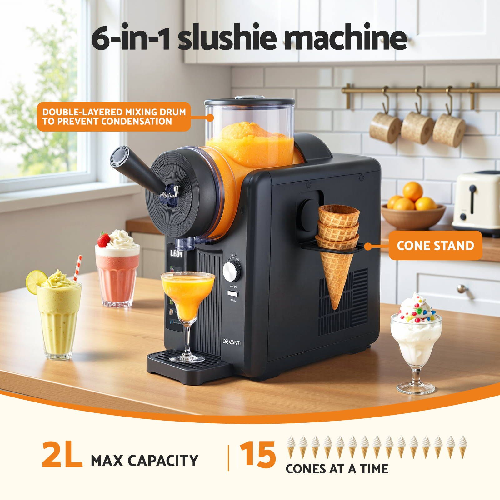 Devanti 2L Slushie Machine Ice Cream Maker Frozen Smoothies Milkshakes Black