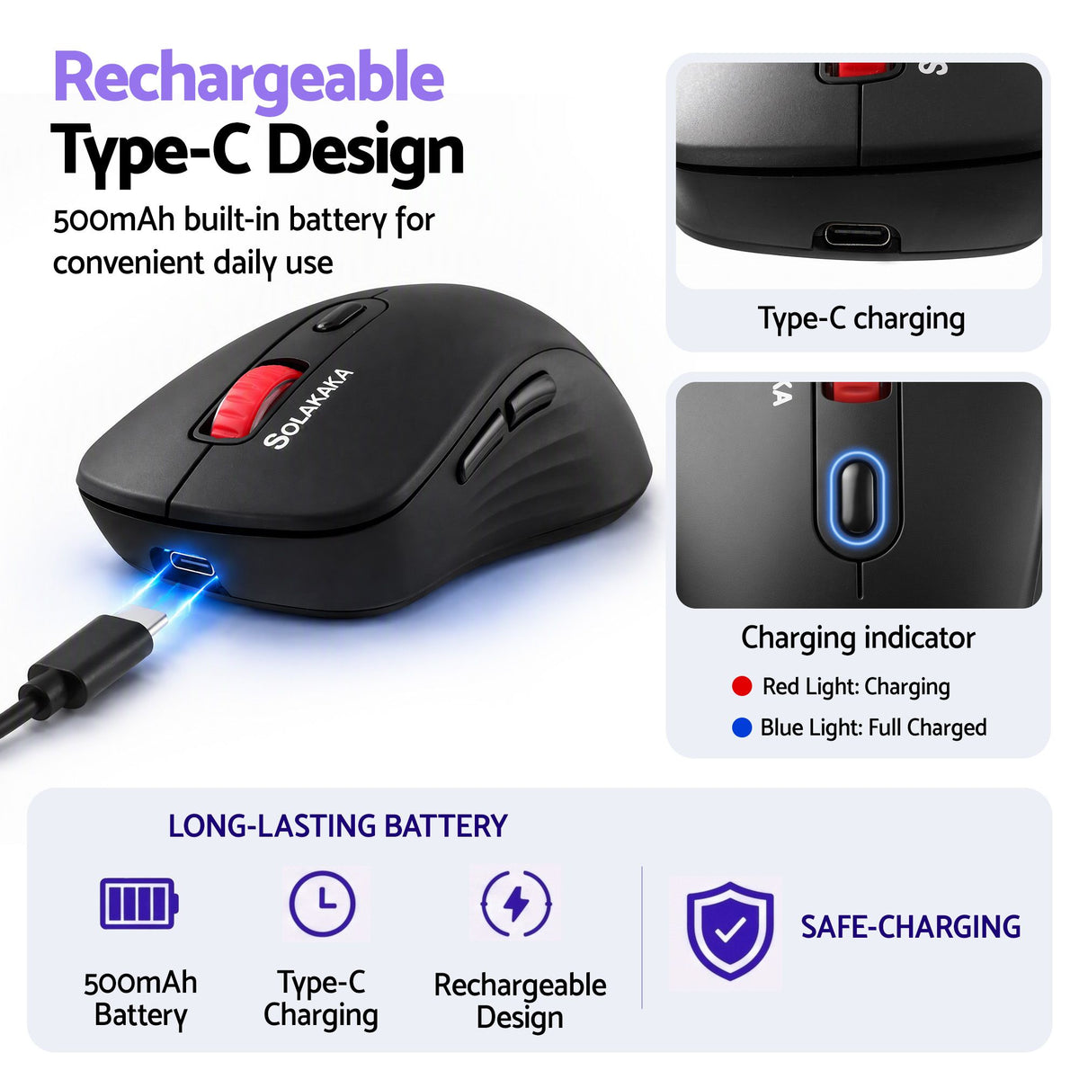 SOLAKAKA Silent Wireless Mouse Bluetooth 2.4GHz 4200 DPI 7 Buttons