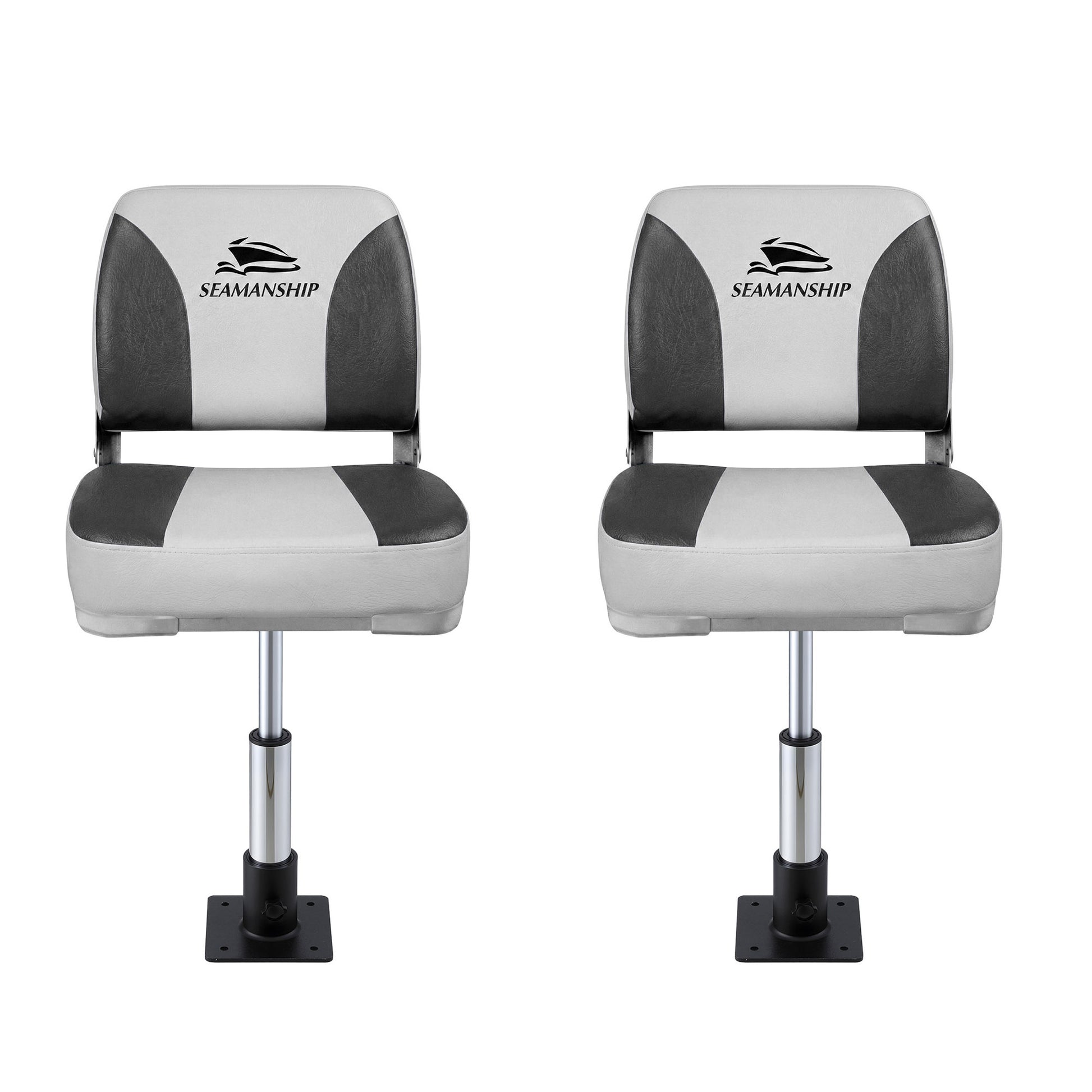 Seamanship 2X Folding Boat Seats with 2X Adjustable Pedestals 34–46cm Marine Swivel Low Back 13cm Padding Charcoal