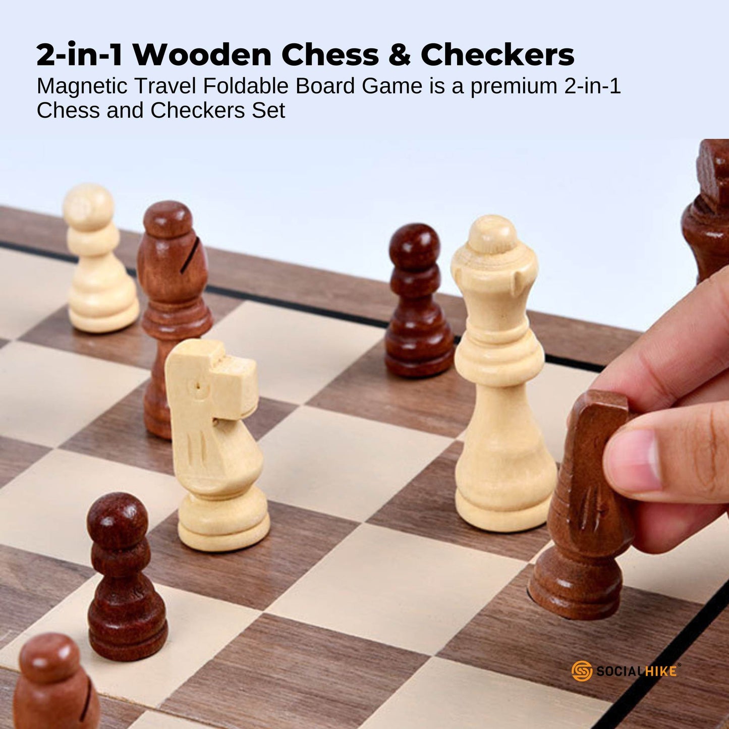 Social Hike 2 in 1 Magnetic Wooden Chess and Checkers Set - Portable Game Board