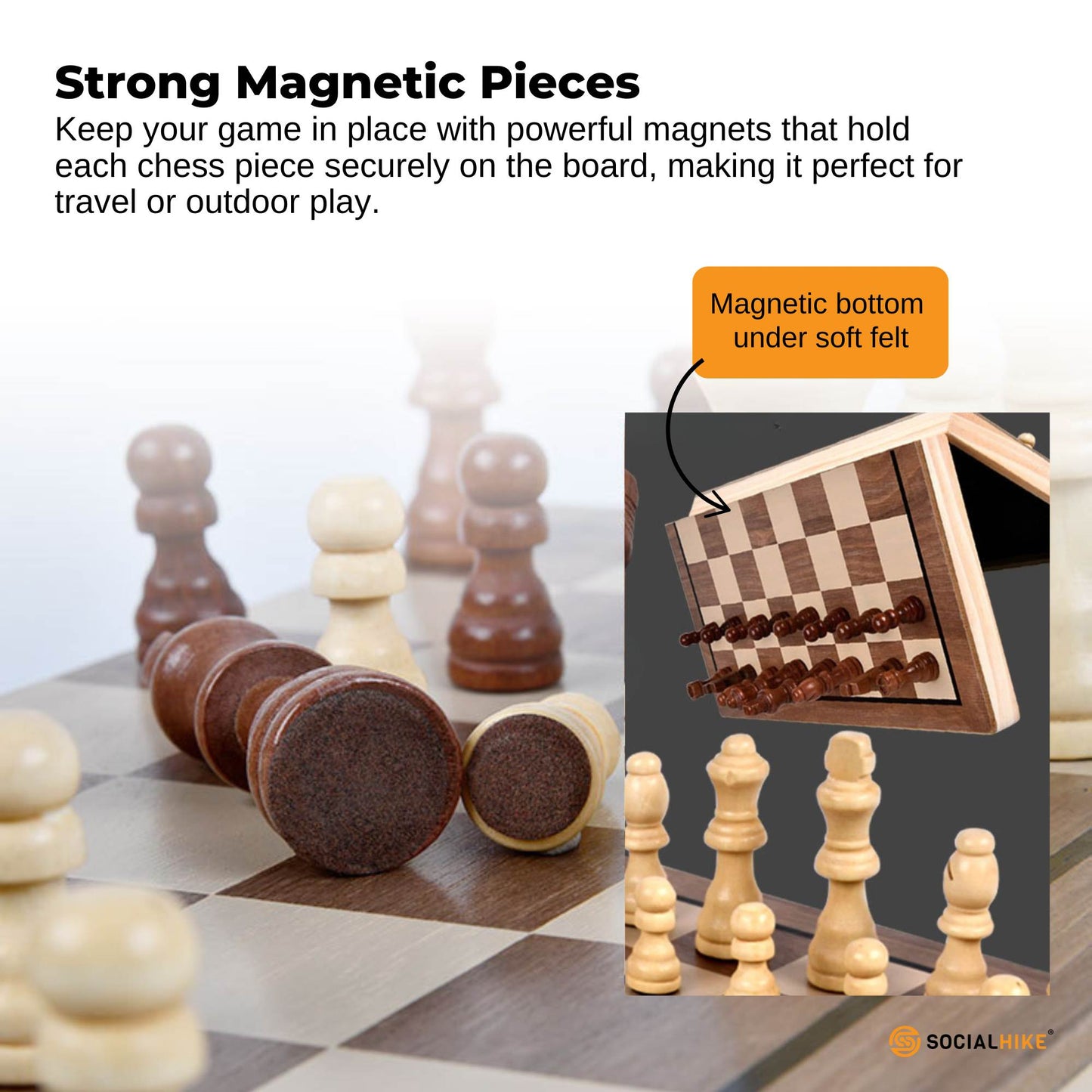 Social Hike 2 in 1 Magnetic Wooden Chess and Checkers Set - Portable Game Board