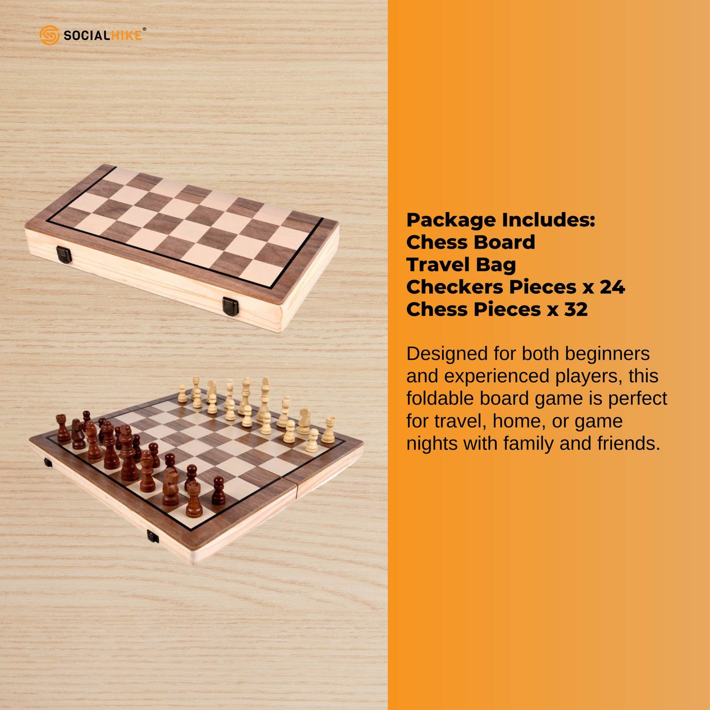 Social Hike 2 in 1 Magnetic Wooden Chess and Checkers Set - Portable Game Board