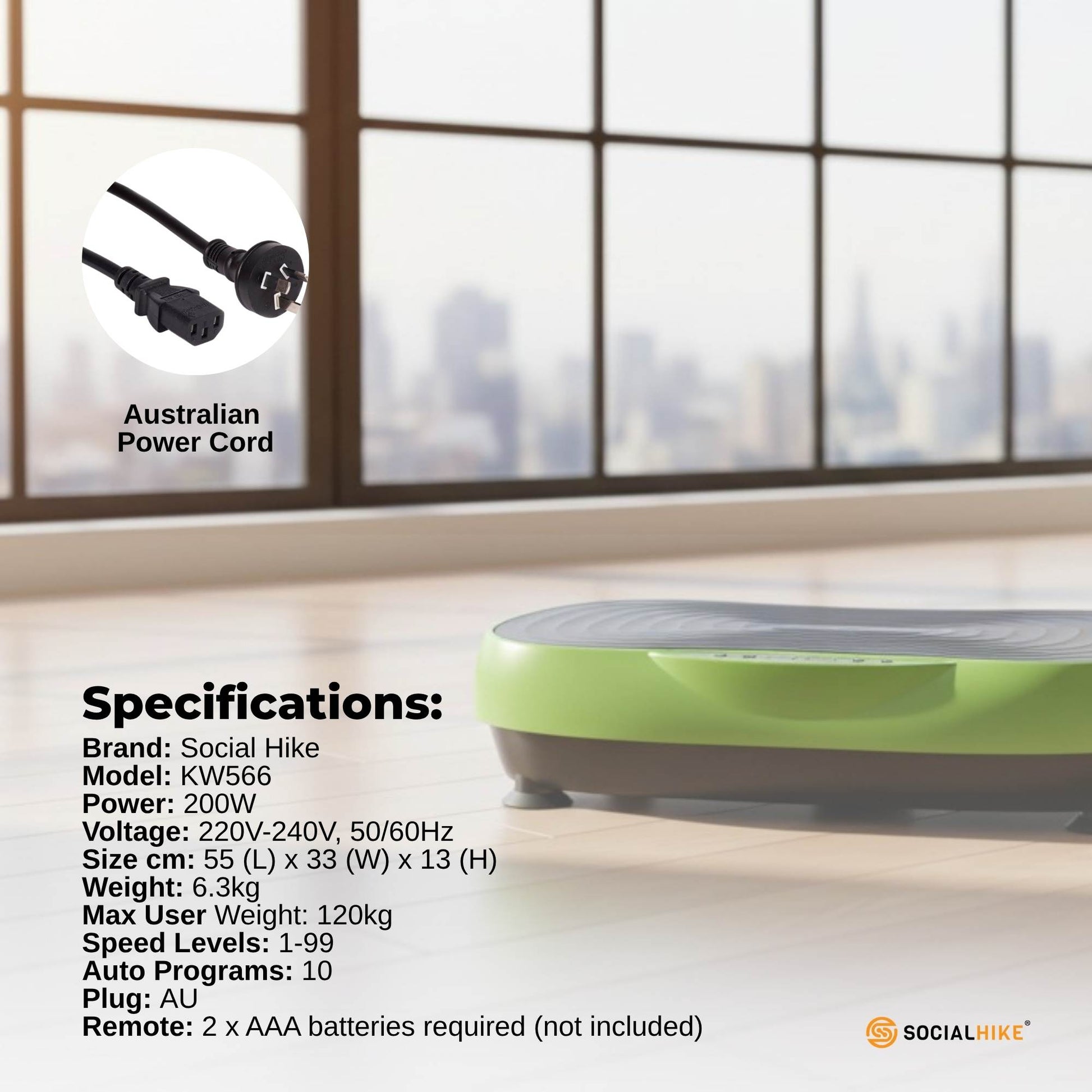 Social Hike 55cm Vibration Plate Machine Full Body Exercise Platform 200W Green